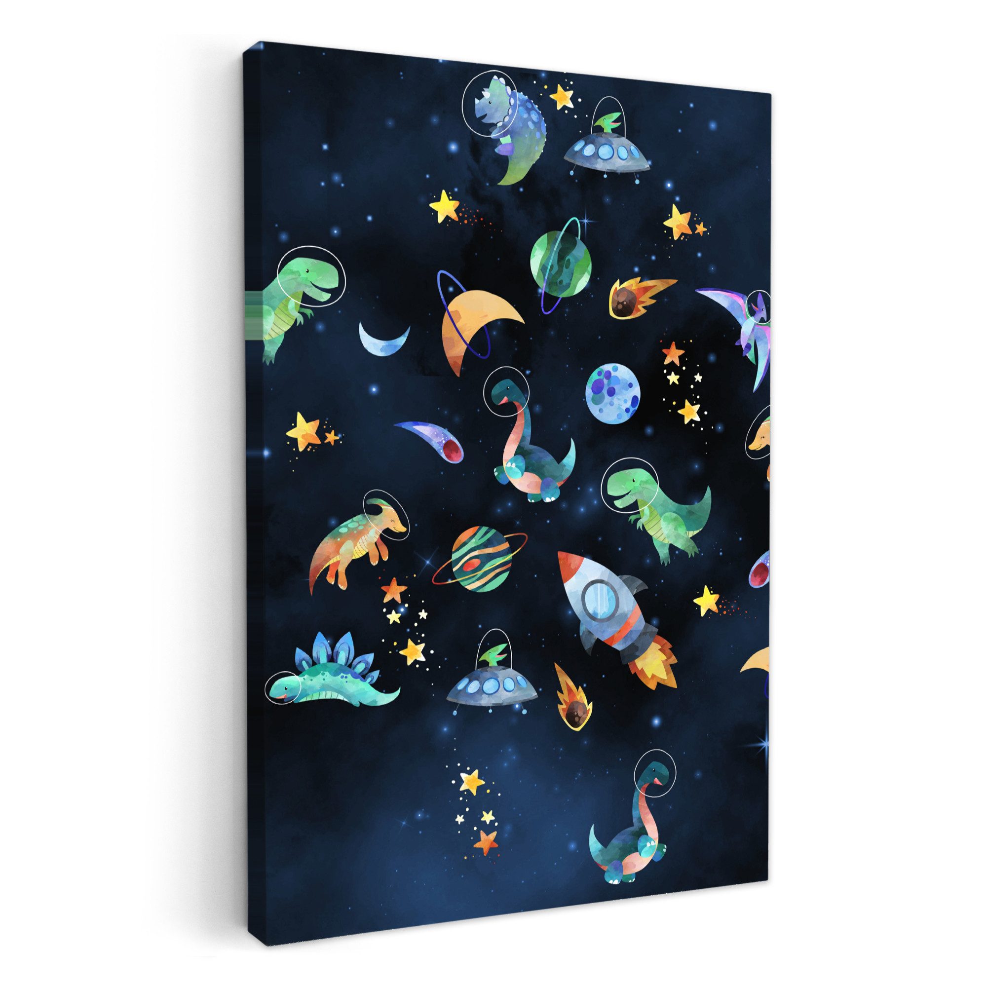 OneMillionCanvasses® Leinwandbild Weltraum - Dino - Dinosaurier - Jungen, Fotodruck (1 St), Kinderzimmer Deko, Mädchen und Jungen Bilder 20x30 cm