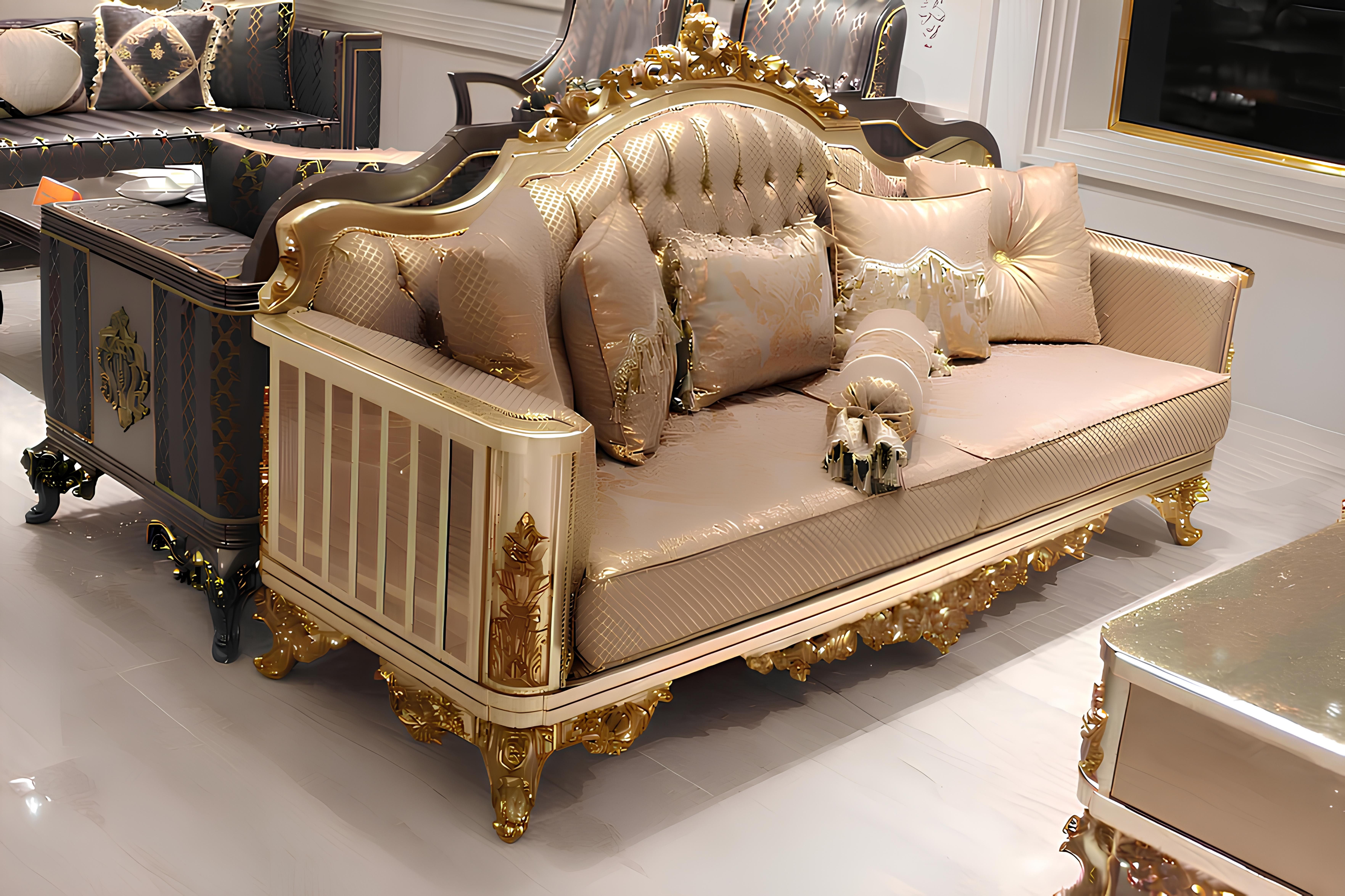 JVmoebel Chesterfield-Sofa Elegantes Chesterfield Sofa mit goldfarbener Textiloberfläche, Set 3 Teile, Made in Europa