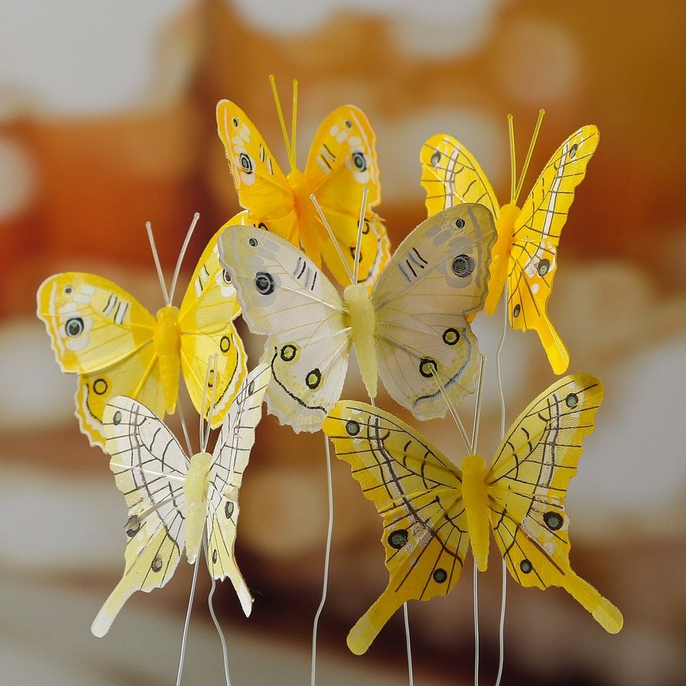 MARELIDA Dekofigur Deko Schmetterlinge am Draht Tischdeko Frühling Hochzeit  Ostern 6St. (6 St), Gelbe Federschmetterlinge
