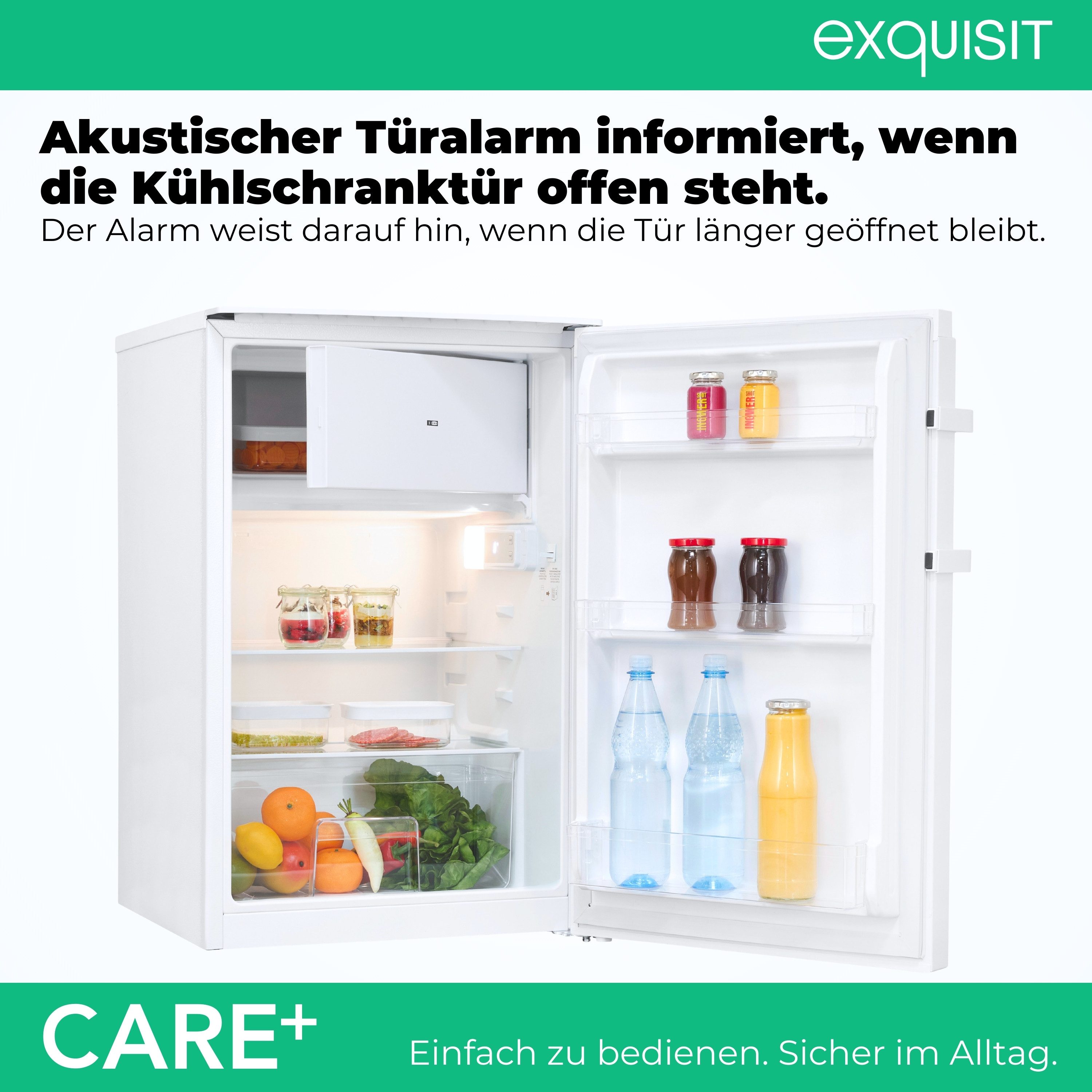 exquisit Kühlschrank KS16-4-HEA-090E Care weiss, 86,5 cm hoch, 54,5 cm breit, Kompakter Kühlschrank mit 4*-Gefrierfach, 106 l Kühlvolumen