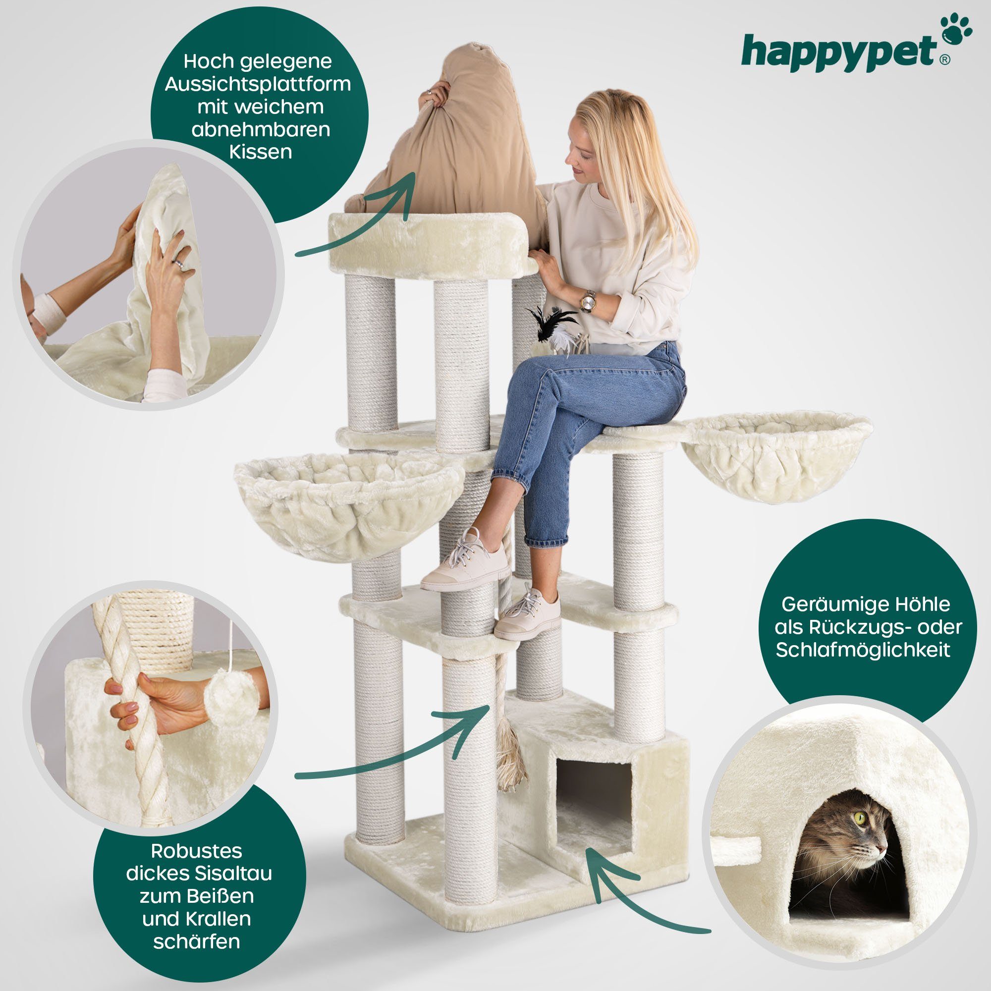 Happypet Kratzbaum OSCAR, 161 cm hoch, 12 cm Dicke Stämme für schwere Katzen, 600g Plüsch