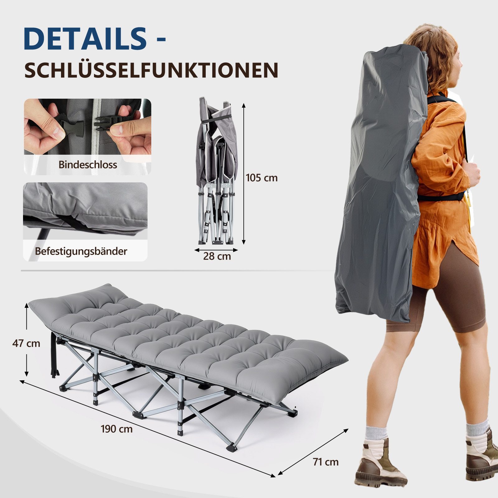 VINGLI Feldbett klappbar mit Matratze – Campingbett aus 600D Oxford Klappli günstig online kaufen