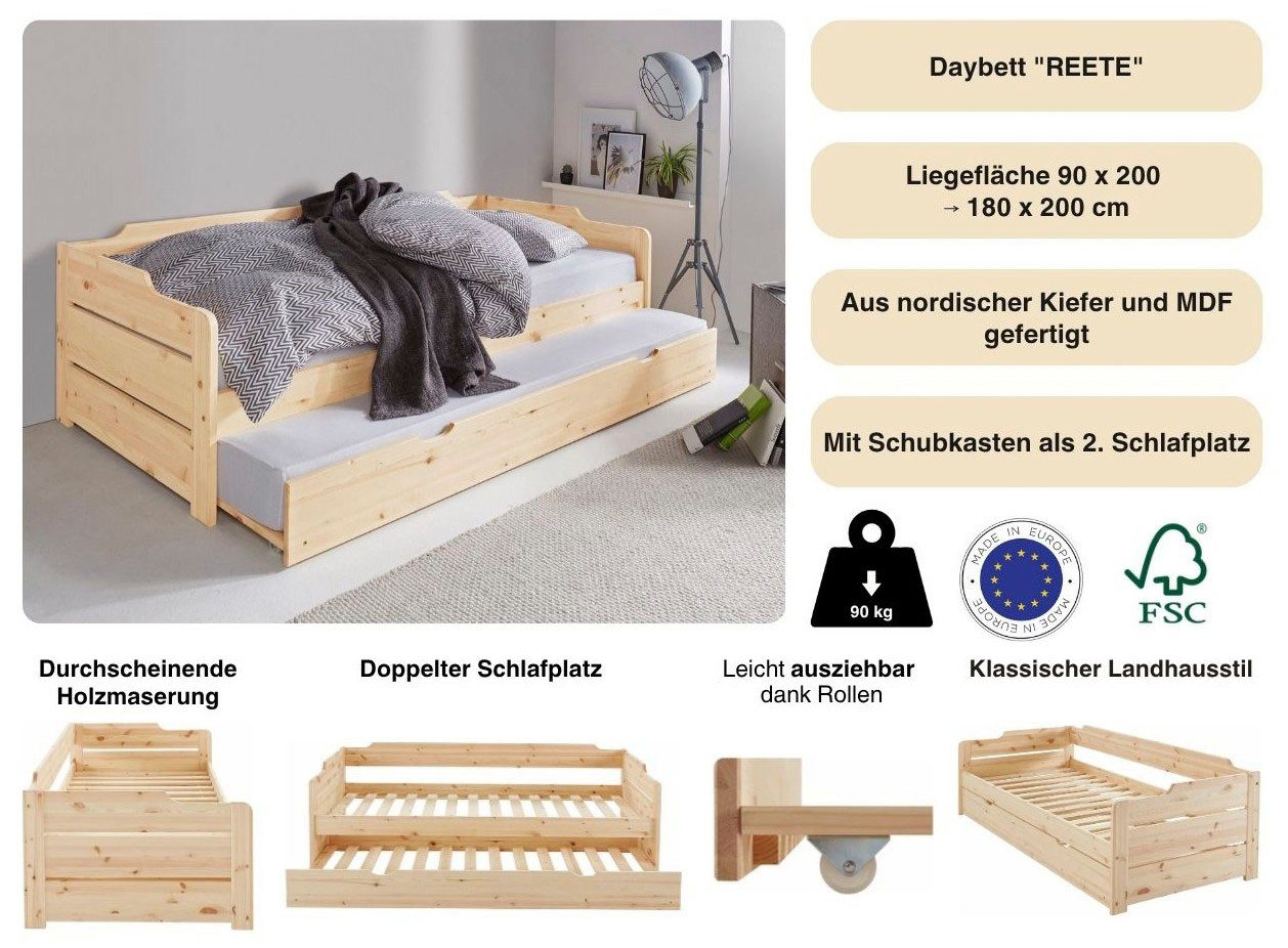 OTTO home Daybett "REETE " Kinderbett, mit Schubkasten, 2 Schlafplätze, FSC® zertifiziertes Massivholz (Kiefer), klassischer Landhausstil
