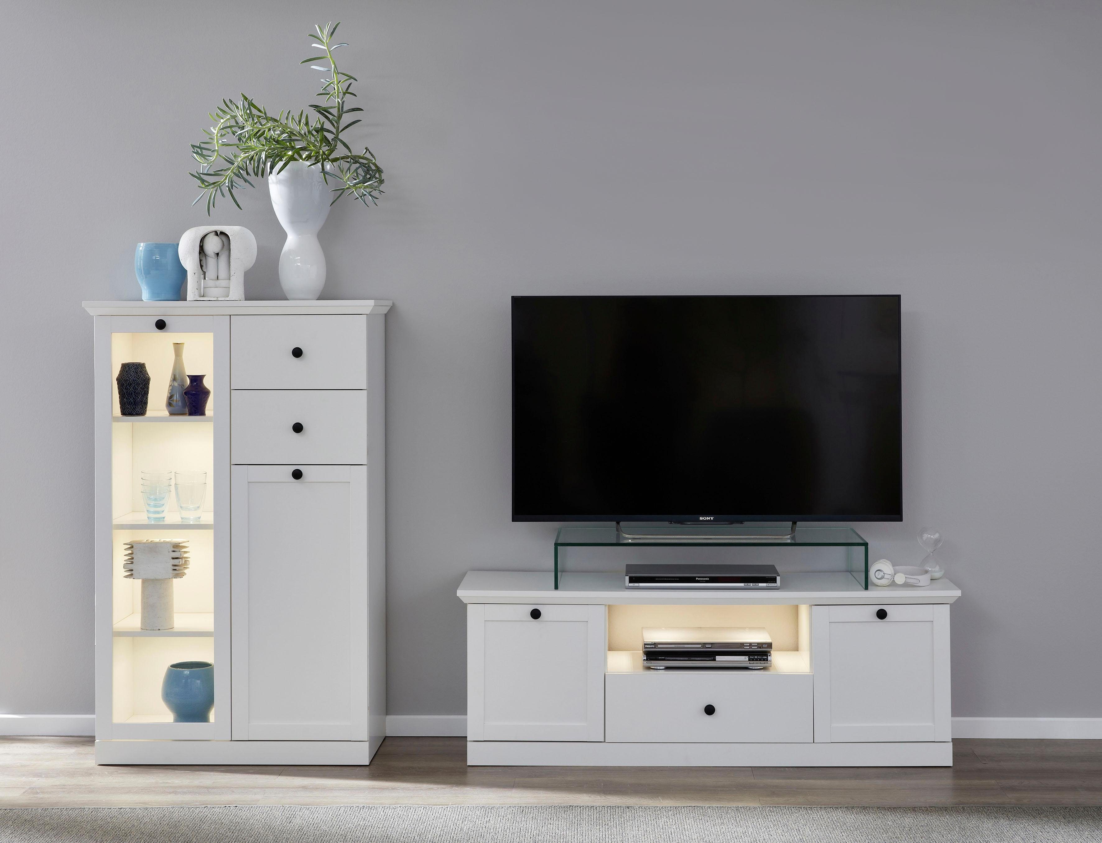 Home affaire Wohnwand Örebro, (Set, 2-St), zeitloser Landhausstil, mit Vollauszug, Beleuchtung optional