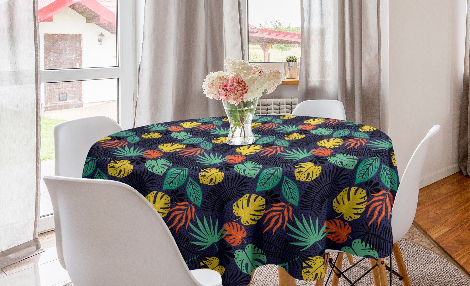 Abakuhaus Tischdecke Kreis Tischdecke Abdeckung für Esszimmer Küche Dekoration, Blätter Buntes tropisches Laub