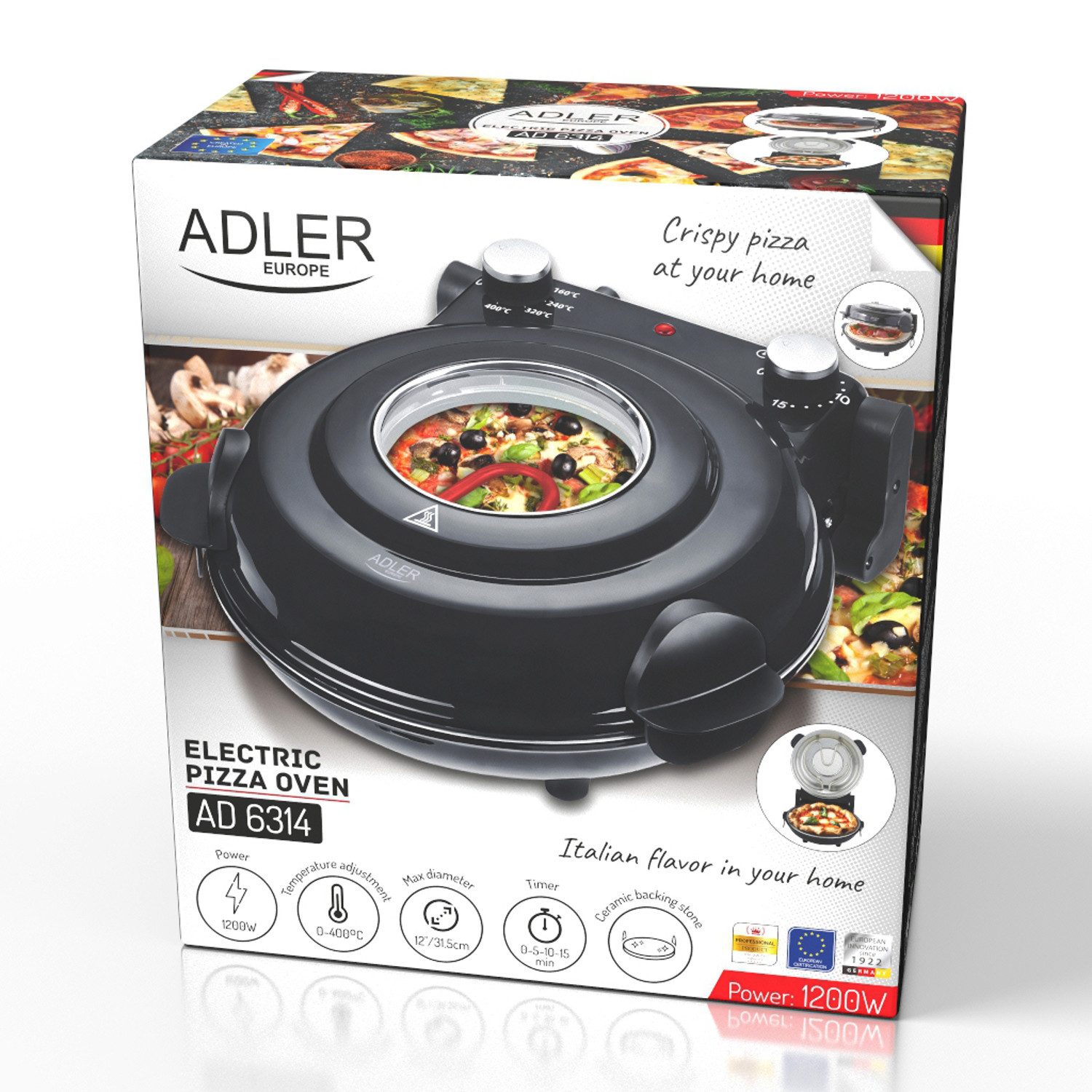 Adler Pizzaofen AD 6314 400 Grad Keramikstein, Keramikstein, zwei Heizelemente