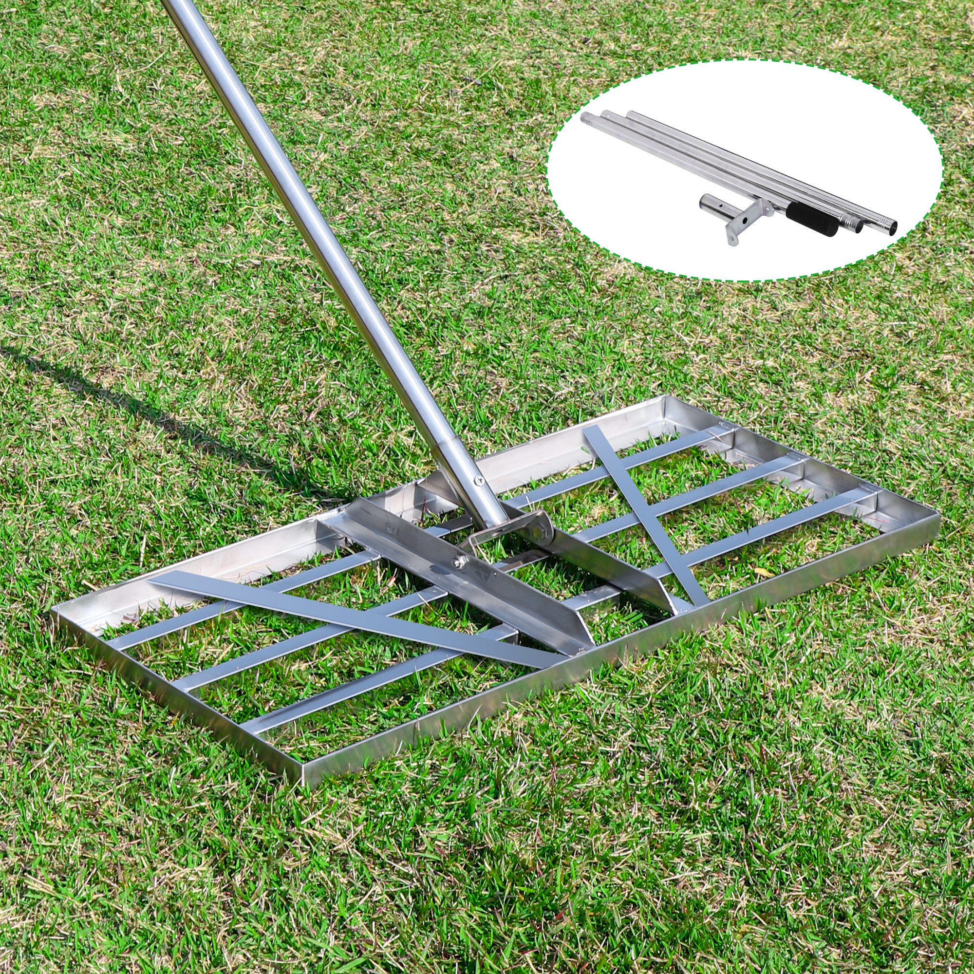XERSEK Rasenrechen Rasen Rakel V2A Edelstahl Rasenrechen 25x118x200 cm Nivellierrechen, 85 cm Arbeitsbreite, mit 200 cm langem Stiel, (zum Rasen nivellieren und Sanden Verstellbare Länge, Für Yard/Golf/Hinterhof/Fußballplatz)