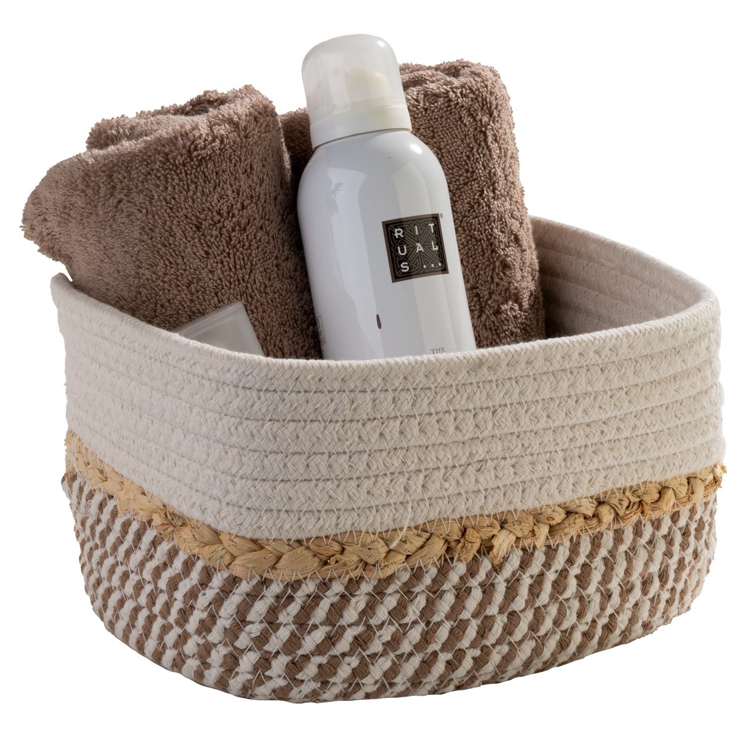 Home4You Aufbewahrungskorb, B 20 cm, H 12 m, T 15 cm, Beige, Weiß, (1 St), Baumwolle, ohne Griffe