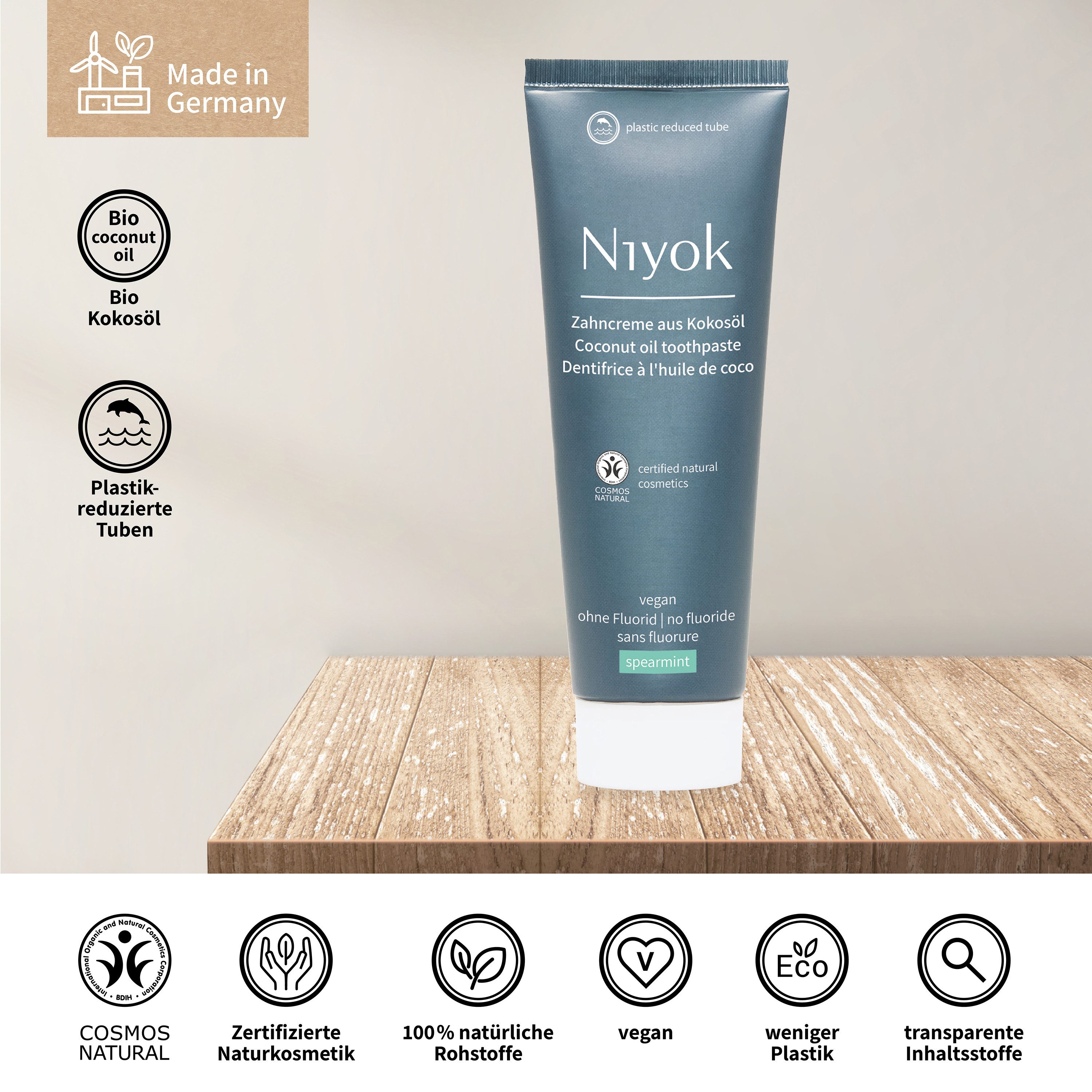 Niyok Zahnpasta aus Bio Kokosöl Ohne Fluorid & Vegan für Intensive Pflege & Frische, Spearmint (grüne Minze)