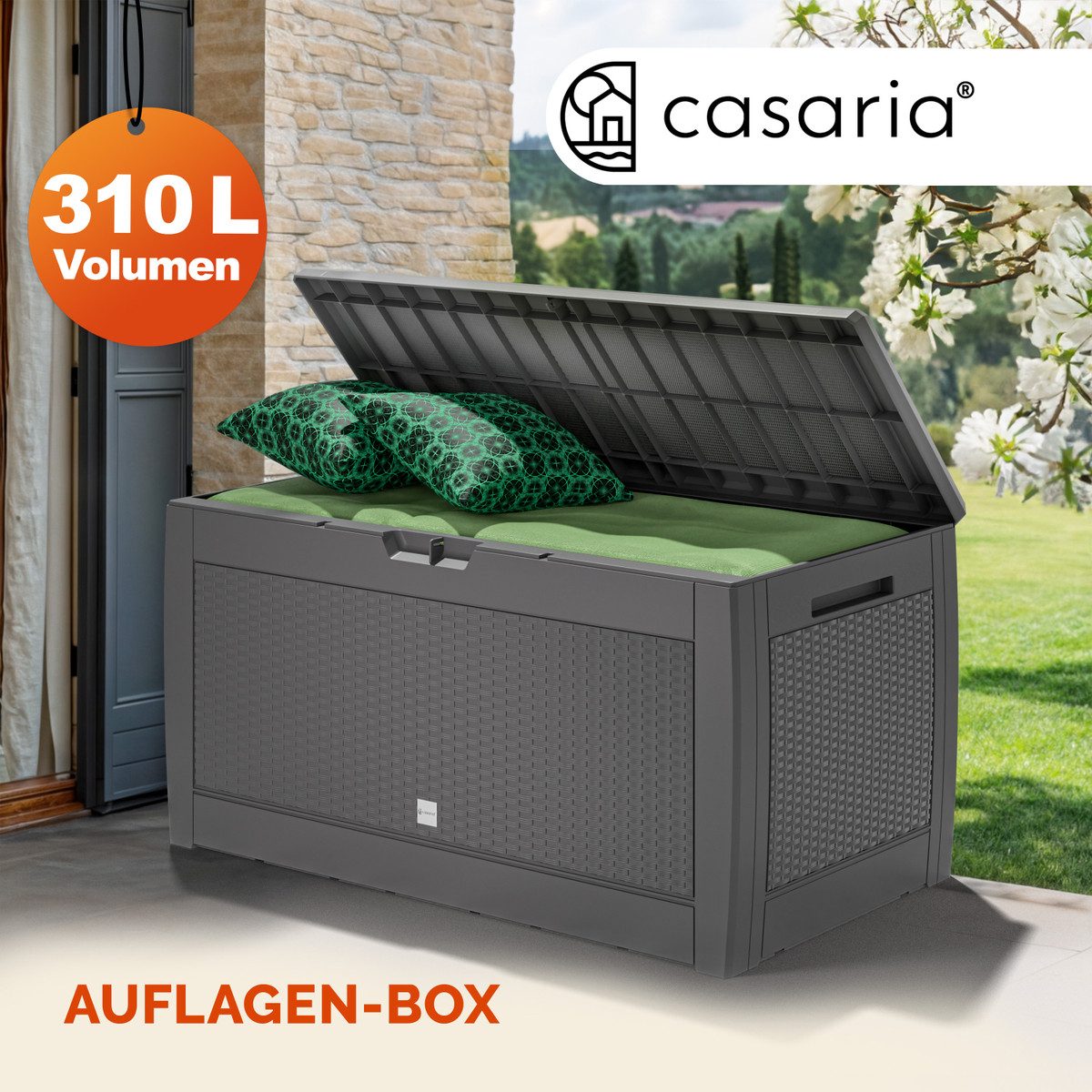 Thumbnail - Casaria Auflagenbox Rato, UV-beständig 310L Haltegriffe Balkon Wohnzimmer Rattan-Optik Grau