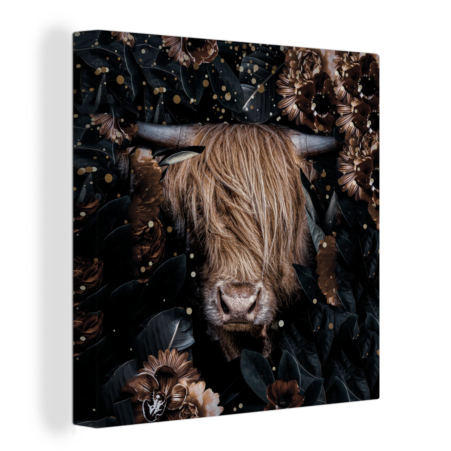 OneMillionCanvasses® Leinwandbild Schottische Highlander - Kühe - Blumen - Licht, (1 St), Leinwand Bilder für Wohnzimmer Schlafzimmer