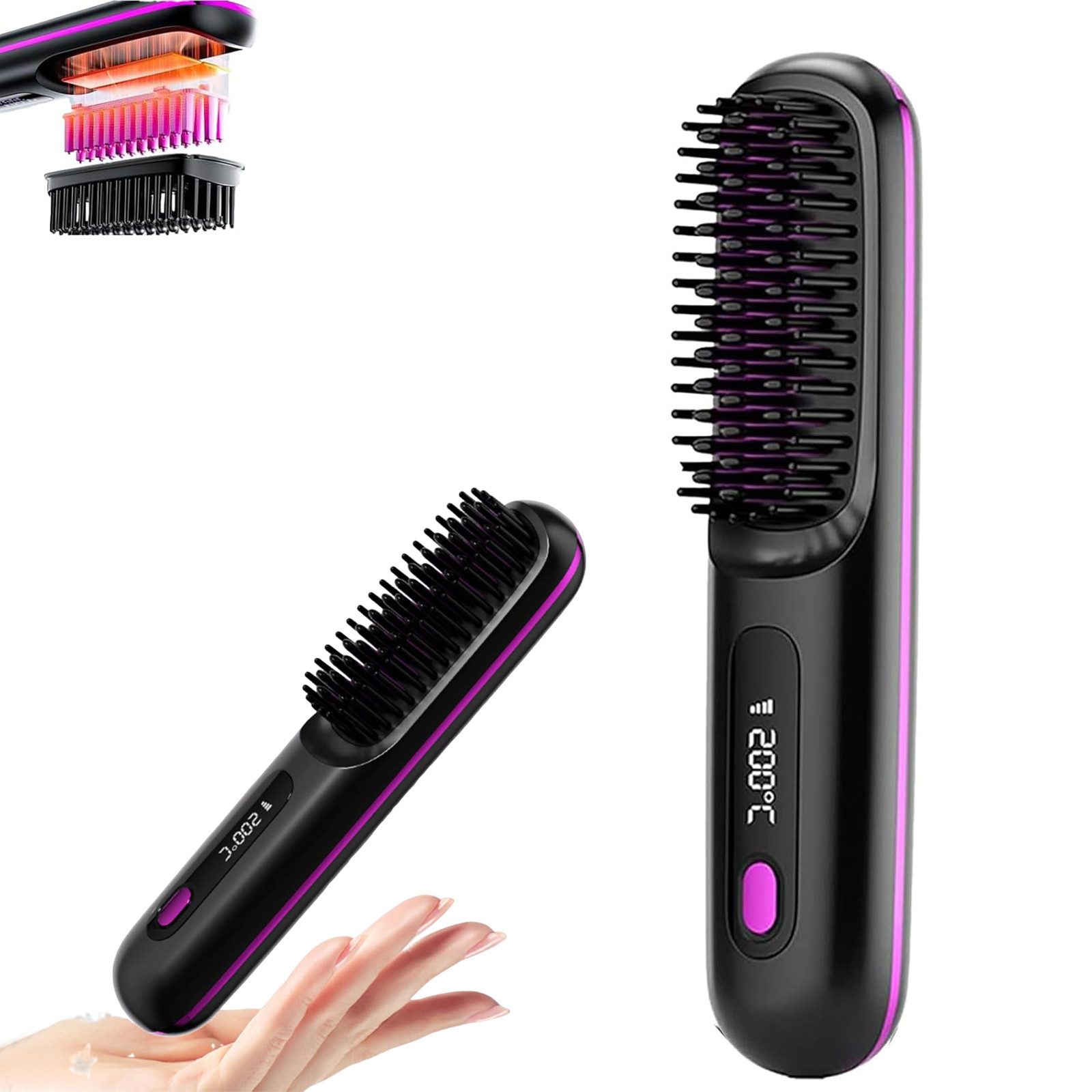 OKWISH Haarglättbürste Kabellose Haarglättungsbürste Mini Glättbürste, 3 Temperaturstufen 160–200 °C LCD Display 30 Min Laufzeit 20x4,5x3 cm