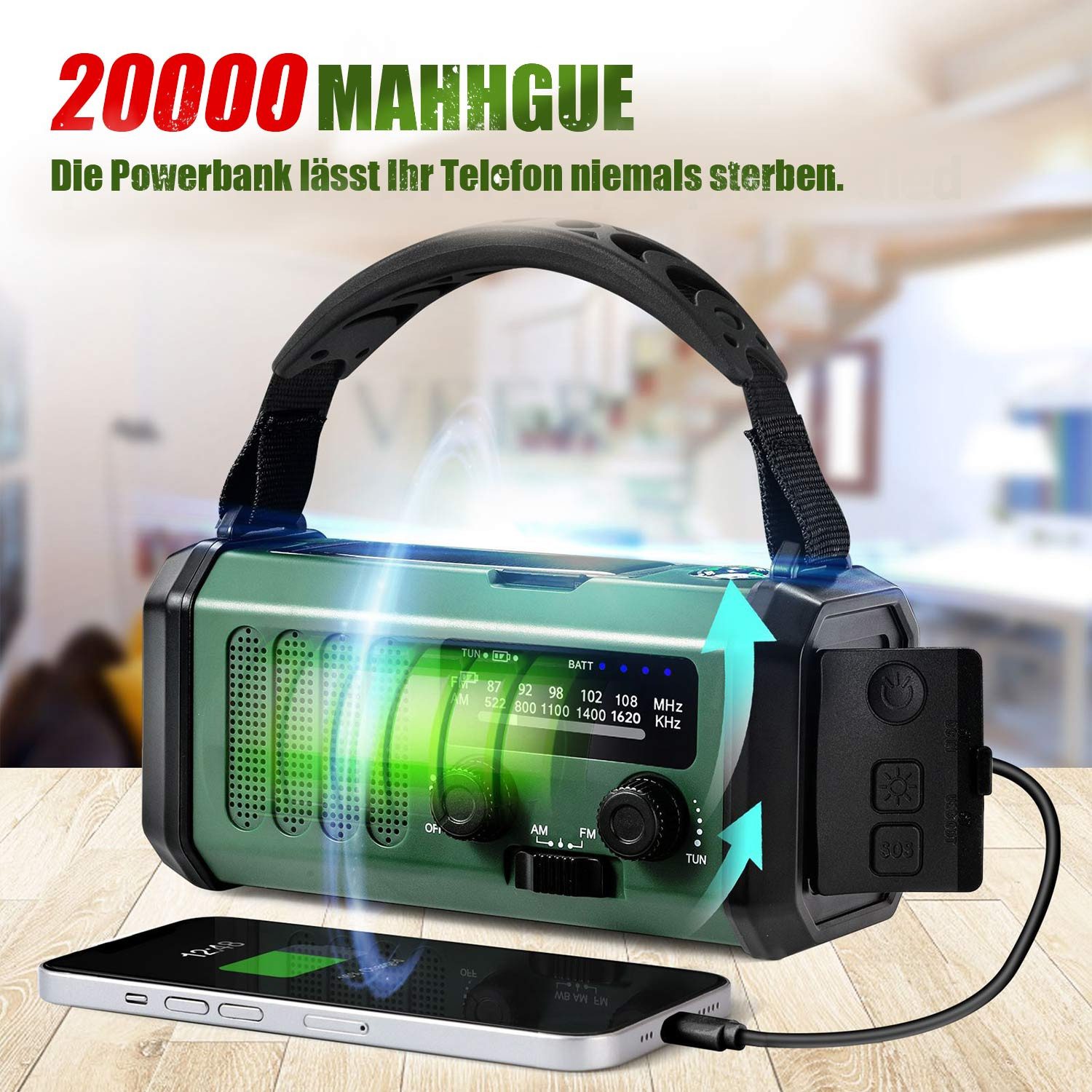 Refttenw Notfallradio mit Taschenlampe und Leselampe,Kurbelradio,20000 mAh Notfallradio