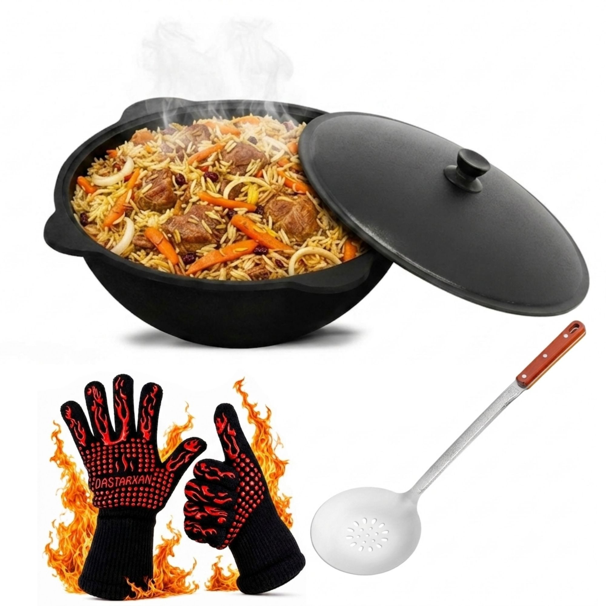 BIG-PAN Schmortopf Kasan Gusseisen 8L mit Aluminium Deckel Usbekisch, (Grillhandschuhe Hitzeschutz, Schaumkelle Edelstahl), Cast Iron Kessel Usbek Asia Topf