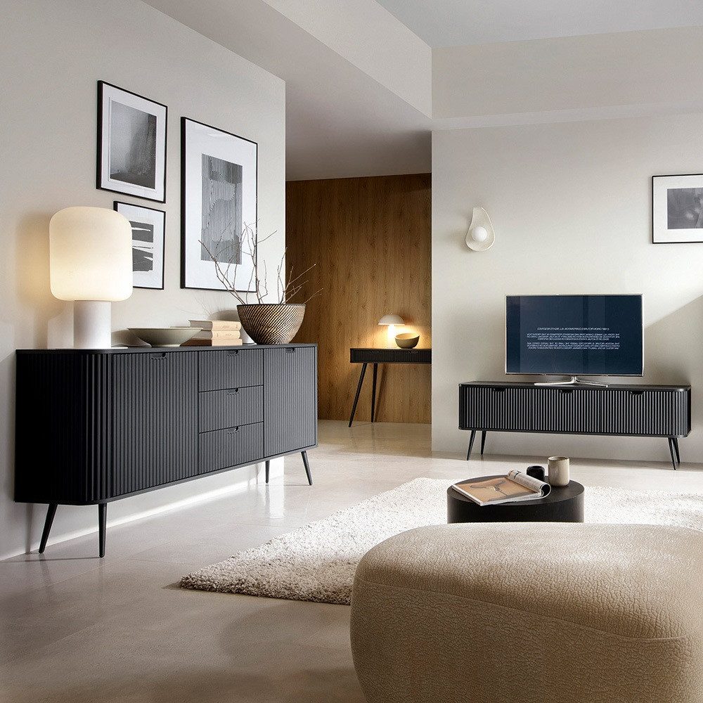Lomadox Wohnzimmer-Set ZARA-160, (Mega-Spar-Set, 3-St., Highboard Lowboard), in schwarz gerillt mit Rillen Metallfüße Wohnzimmerschränke