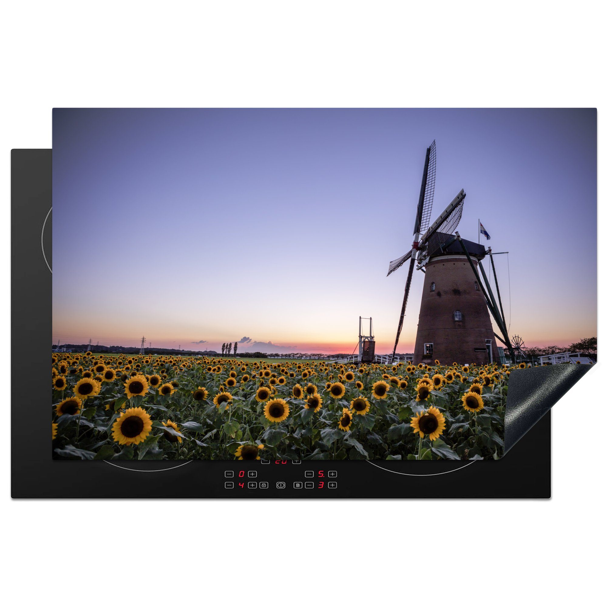 MuchoWow Herdblende-/Abdeckplatte Alte Windmühle steht in einem Sonnenblumenfeld, Vinyl, (1 tlg), 81x52 cm, Induktionskochfeld Schutz für die küche, Ceranfeldabdeckung