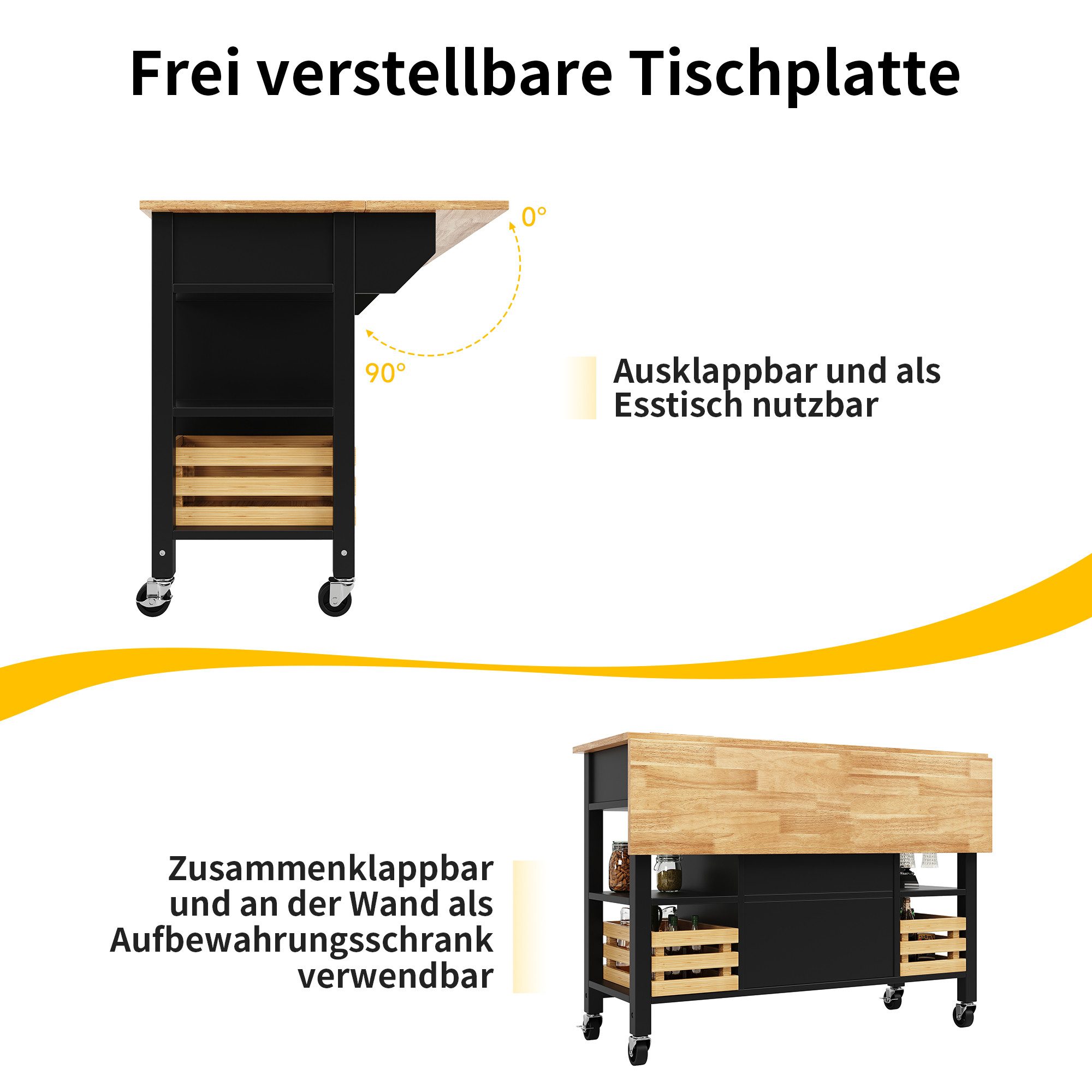 i@home Kücheninsel Küchenschrank, Essschrank, Esszimmerwage,360 Grad drehbare Räder, (Bis 60 kg belastbar, 2 Schiebetüren und 2 Schubladen,120×45×90cm), Multifunktions-Esstisch mit Kiefernkorb Aufbewahrungskorb, schwarz