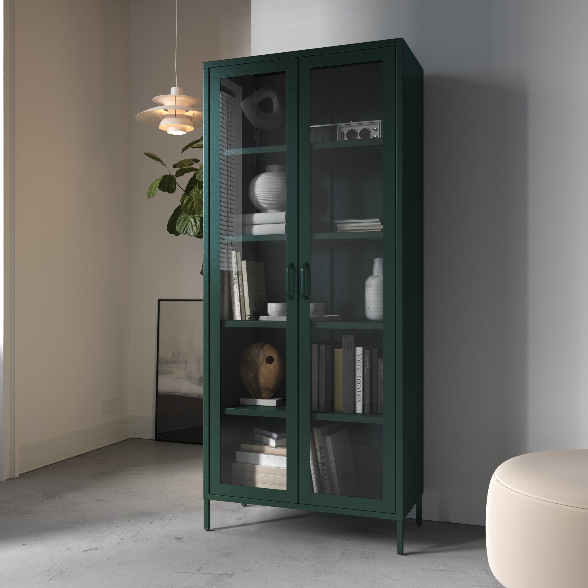 Jan Nowak Vitrine ANGELO Vitrine Glas Metall Stahl 80x185x45cm 4 Regale Sparkling (Stahl 0,6mm, 4 Regale 40kg, Hartglas 2 Türen, Wandmontage) Brilliance Beine regulierbar Wohnzimmer Salon