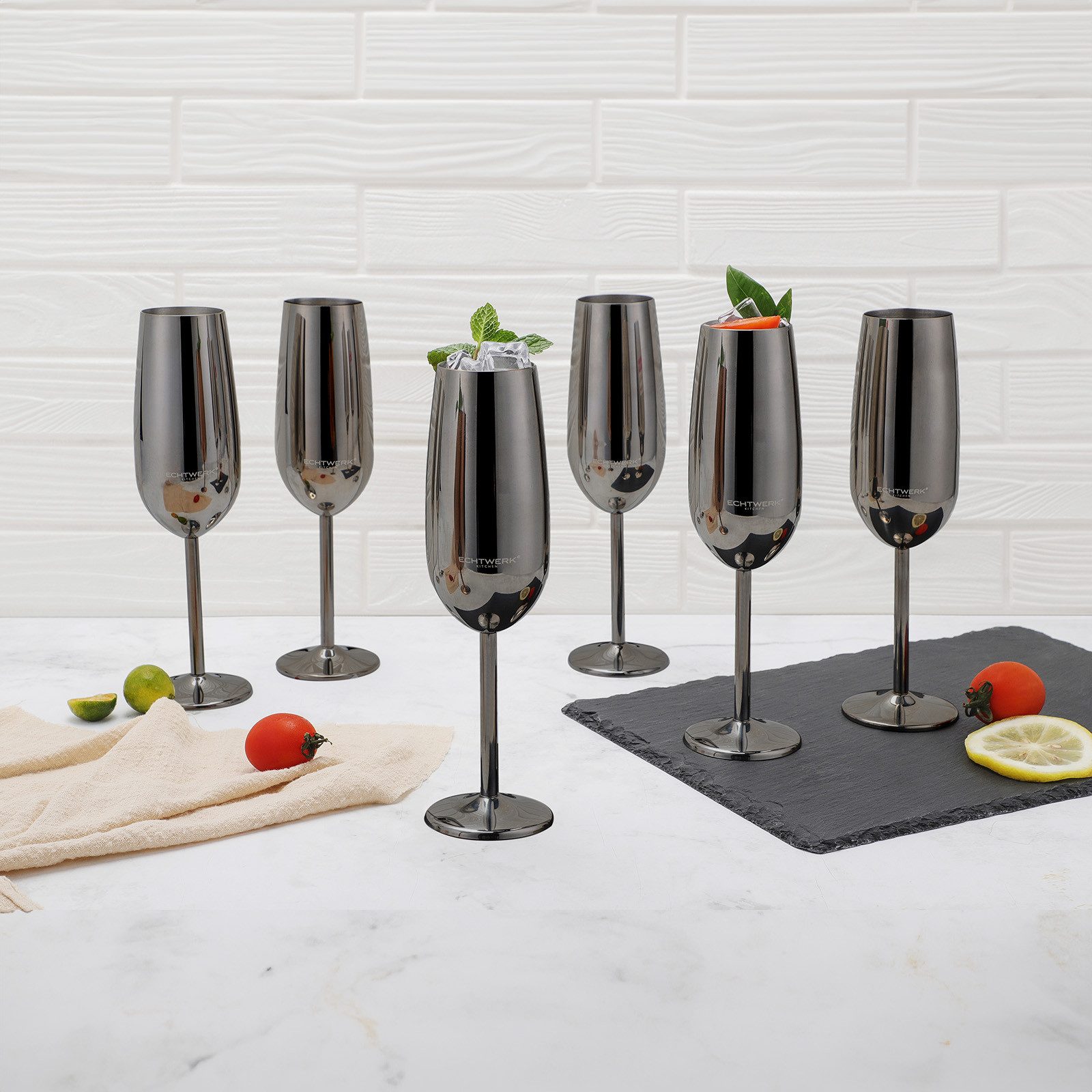 ECHTWERK Glas Sekt-/Champagnerkelch, 6-tlg., Edelstahl, Unzerbrechliche Gläser für Hochzeit/Outdoor/Picknick, 6-tlg