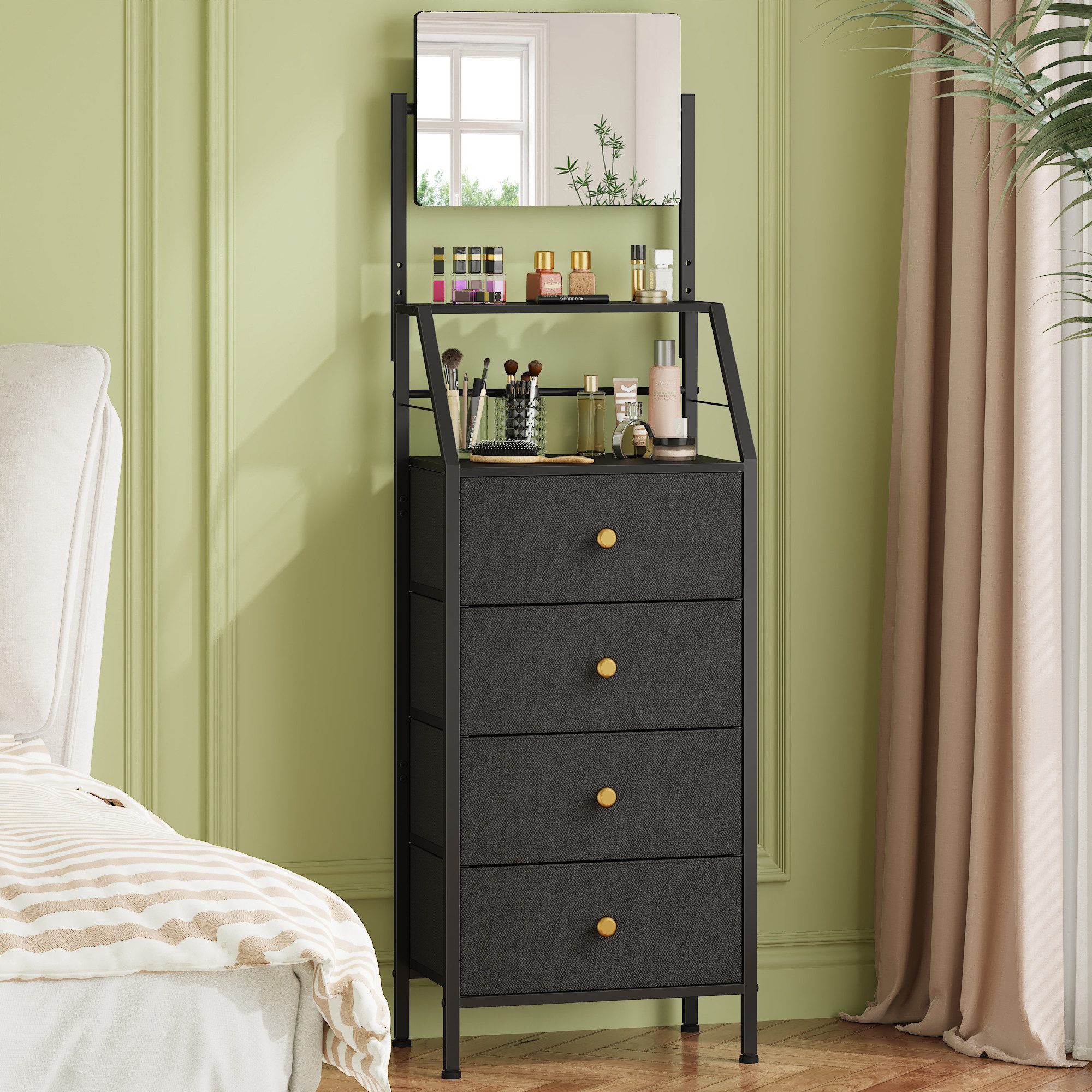 OYRREU Schminkschrank mit Spiegel, 4 Stoffschubladen, 147 cm hohe Kleiderkommode (2-in-1 Spiegel-Kommode) platzsparendes Hochdesign, kippsicher