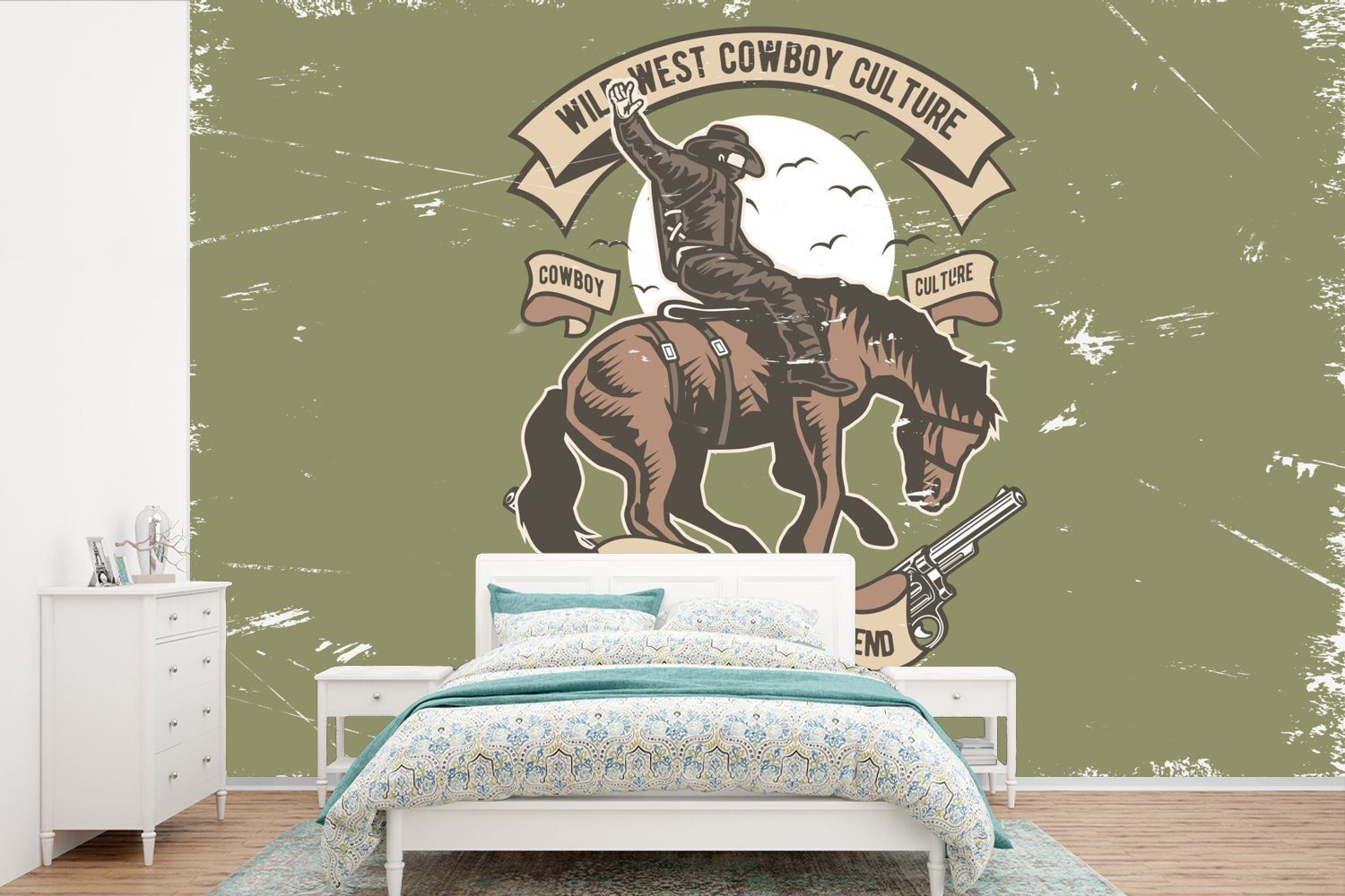 MuchoWow Fototapete Pferde - Cowboy - Retro - Zeichnung, Matt, bedruckt, (6 St), Wallpaper für Wohnzimmer, Schlafzimmer, Kinderzimmer, Vinyl Tapete