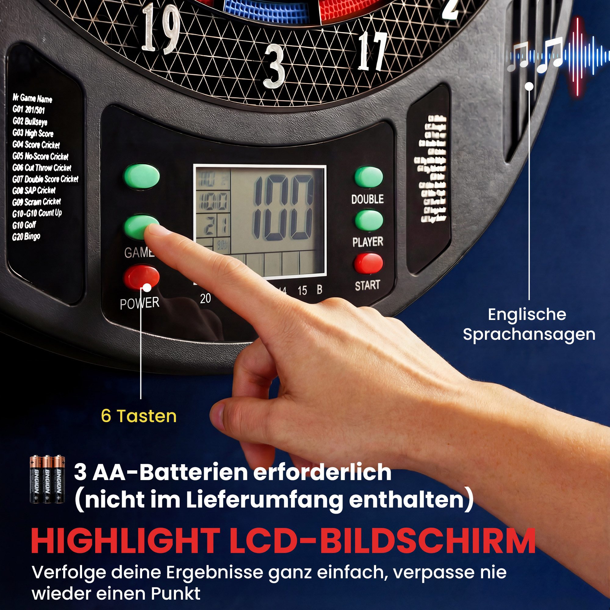 SPORTNOW Dartscheibe Elektronische mit LCD-Anzeigen 18 Spiele 159 Varianten Dartautomat, (Dartboard, 1-tlg., mit Dartpfeilen), für 1 bis 8 Spieler, Mehrfarbig – Bild 5 von 5