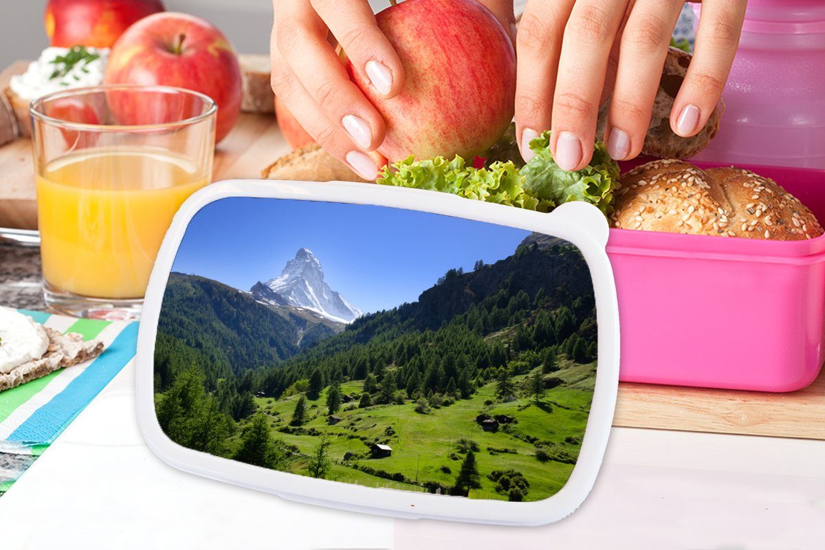 MuchoWow Lunchbox Schweizer Alpen im Erwachsene, rosa für Mädchen, Kunststoff Kinder, Bäumen, Snackbox, Kunststoff, Brotbox grünen (2-tlg), Matterhorn mit Brotdose
