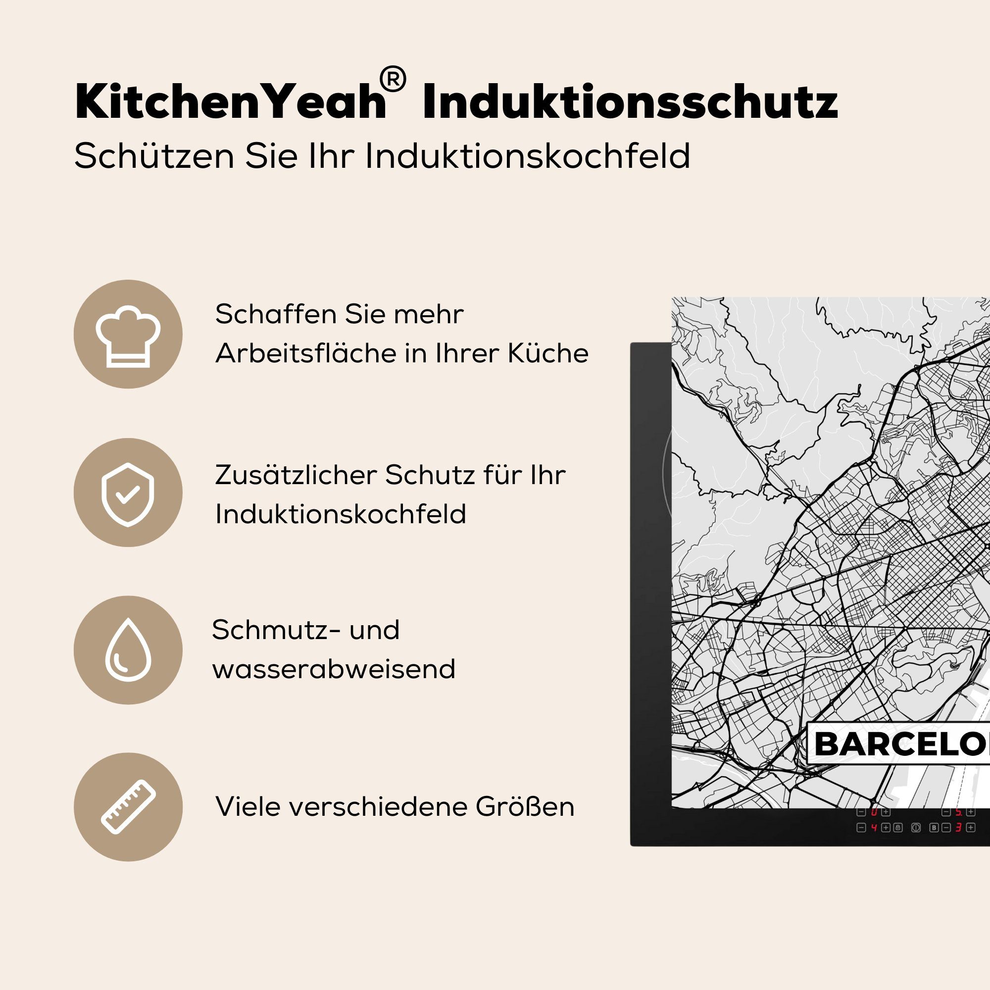 MuchoWow Herdblende-/Abdeckplatte Barcelona - Stadtplan (1 - 78x78 cm, - Vinyl, weiß, Arbeitsplatte küche tlg), Karte und Ceranfeldabdeckung, für Schwarz