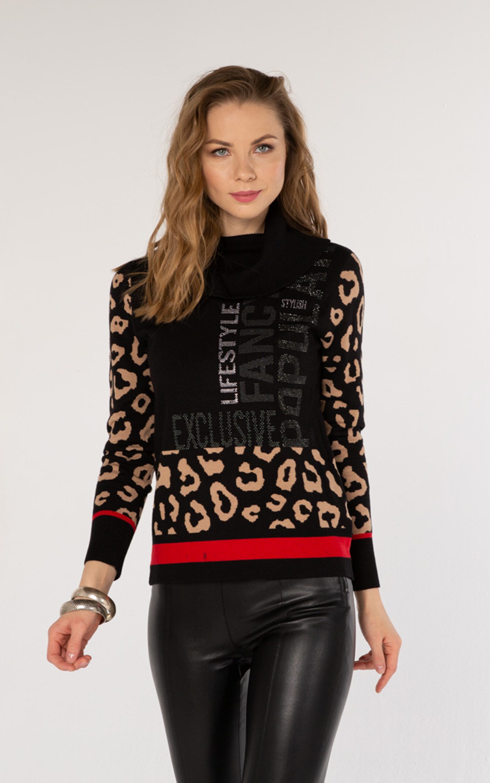 Passioni Rollkragenpullover mit Leoprint und Strass-Schriftzug günstig online kaufen