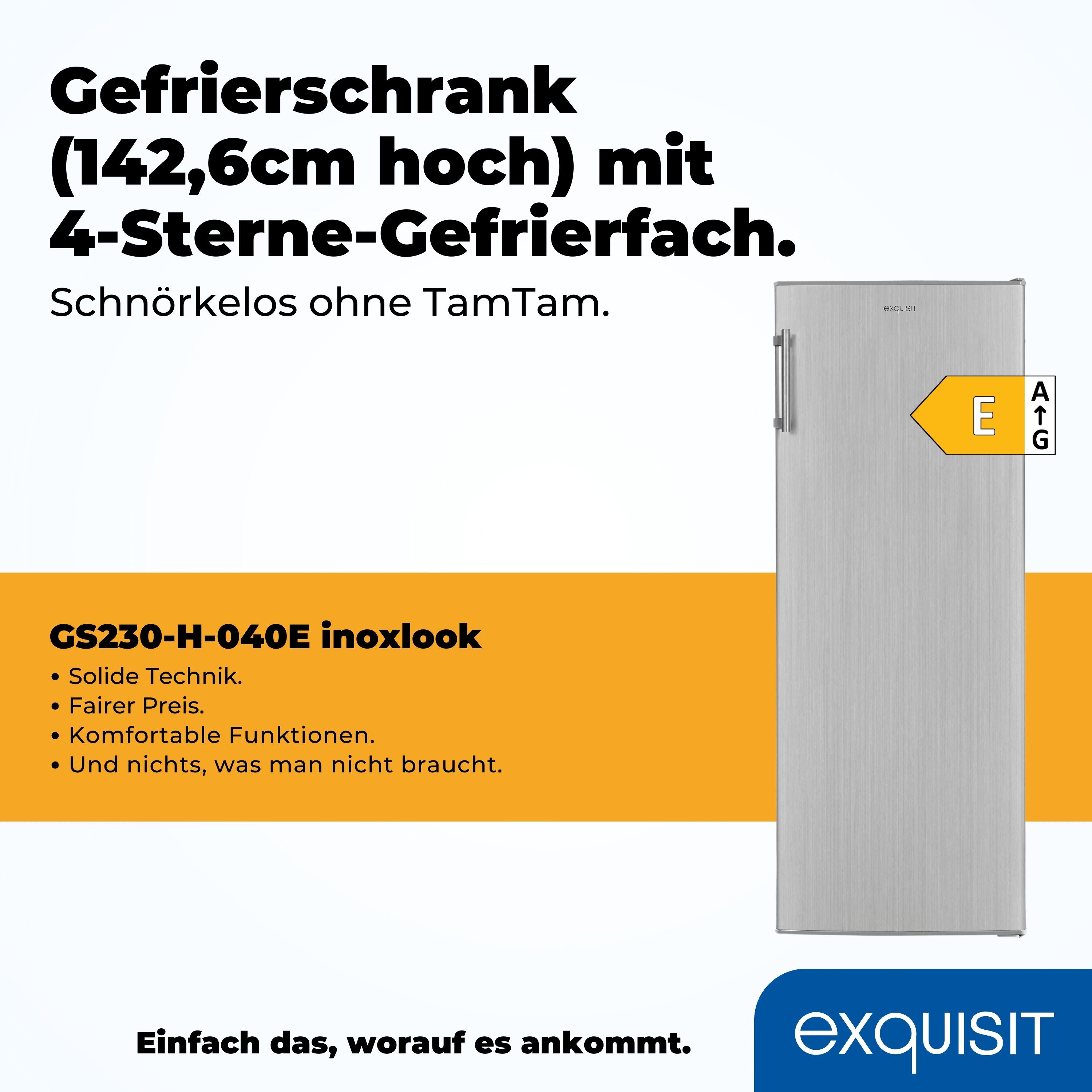 exquisit Gefrierschrank GS230-H-040E, 142.6 cm hoch, 54.4 cm breit, 4-Sterne-Gefrierfach, wechselbarer Türanschlag, effizient