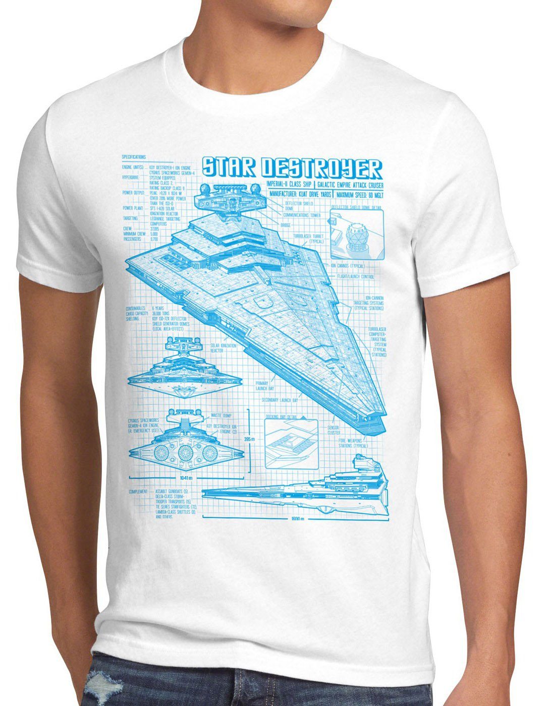 style3 Print-Shirt Herren Sternenzerstörer raumschiff blaupause T-Shirt weiß