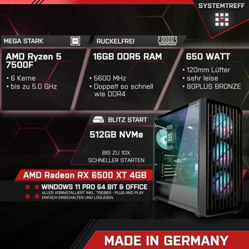 SYSTEMTREFF Basic Gaming-PC-Komplettsystem (24", AMD Ryzen 5 7500F, Radeon RX 6500 XT, 16 GB RAM, 512 GB SSD, Windows 11, WLAN)