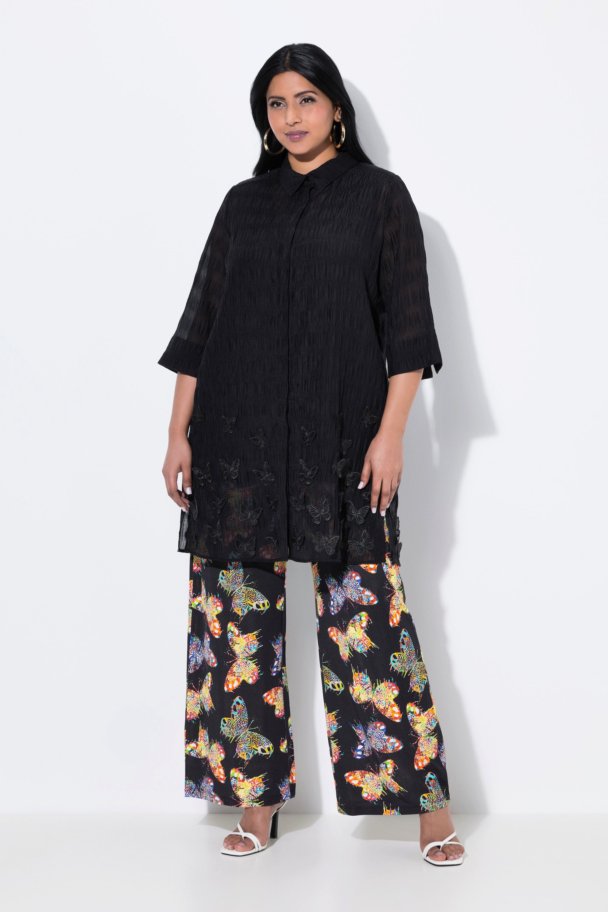 Ulla Popken Longbluse Longbluse Schmetterlings-Applikation Hemdkragen günstig online kaufen