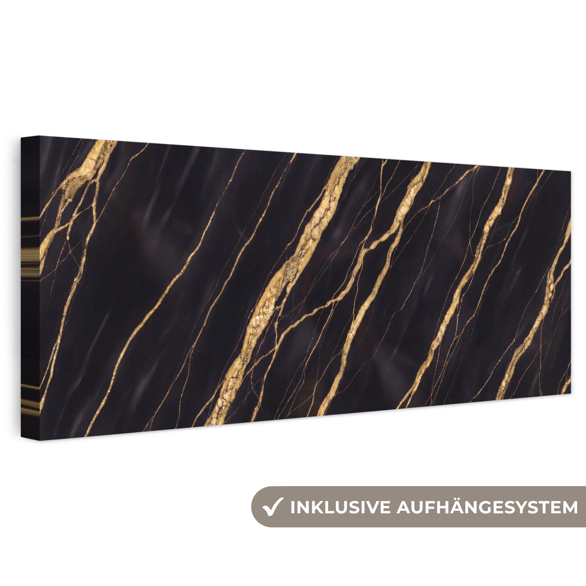 OneMillionCanvasses® Leinwandbild Panorama Marmor – Gold – Textur – Abstrakt – Schwarz, Fotodruck (1 St), Wandbild, Deko Schlafzimmer Wohnzimmer Flur 60x20 cm