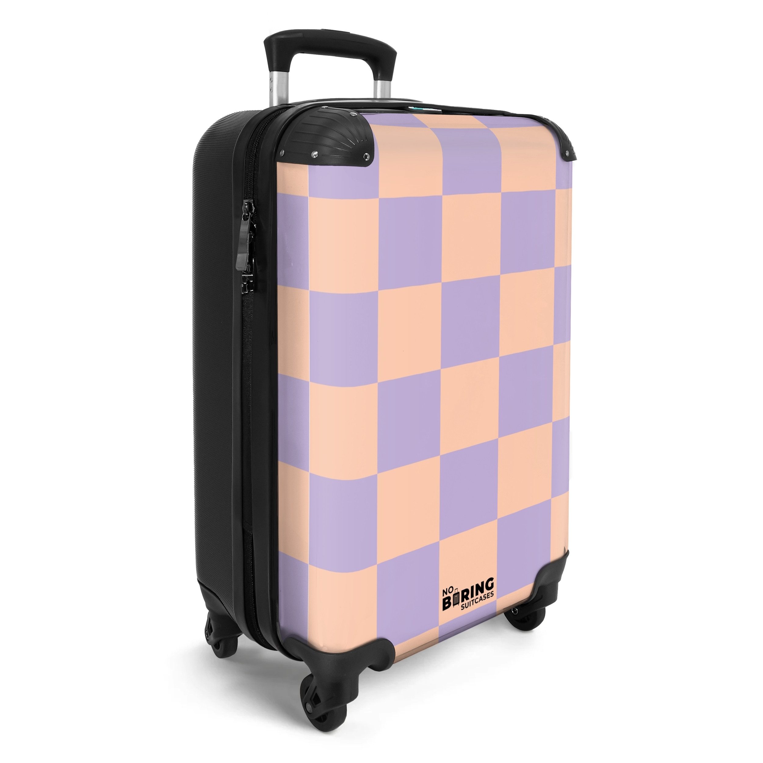 NoBoringSuitcases.com© Hartschalen-Trolley Lila mit rosa Schachbrettmuster günstig online kaufen