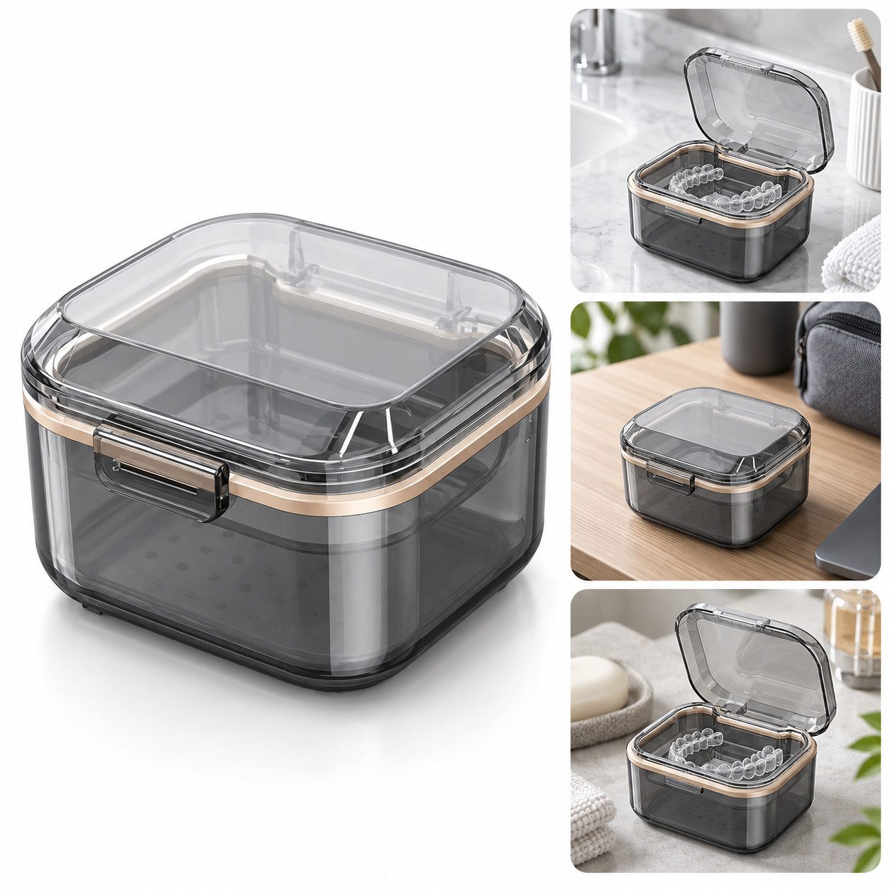 ibettertec Zahndose Retainerbox mit Klappdeckel – Aufbewahrung für Zahnschiene & Aligner (Set, 1 St., Einschichtige Zahnersatz-Reinigungsbox mit Verschlussclip), Mit Sieb zum Einweichen von Prothesen, für Zahnspangen und Schiene