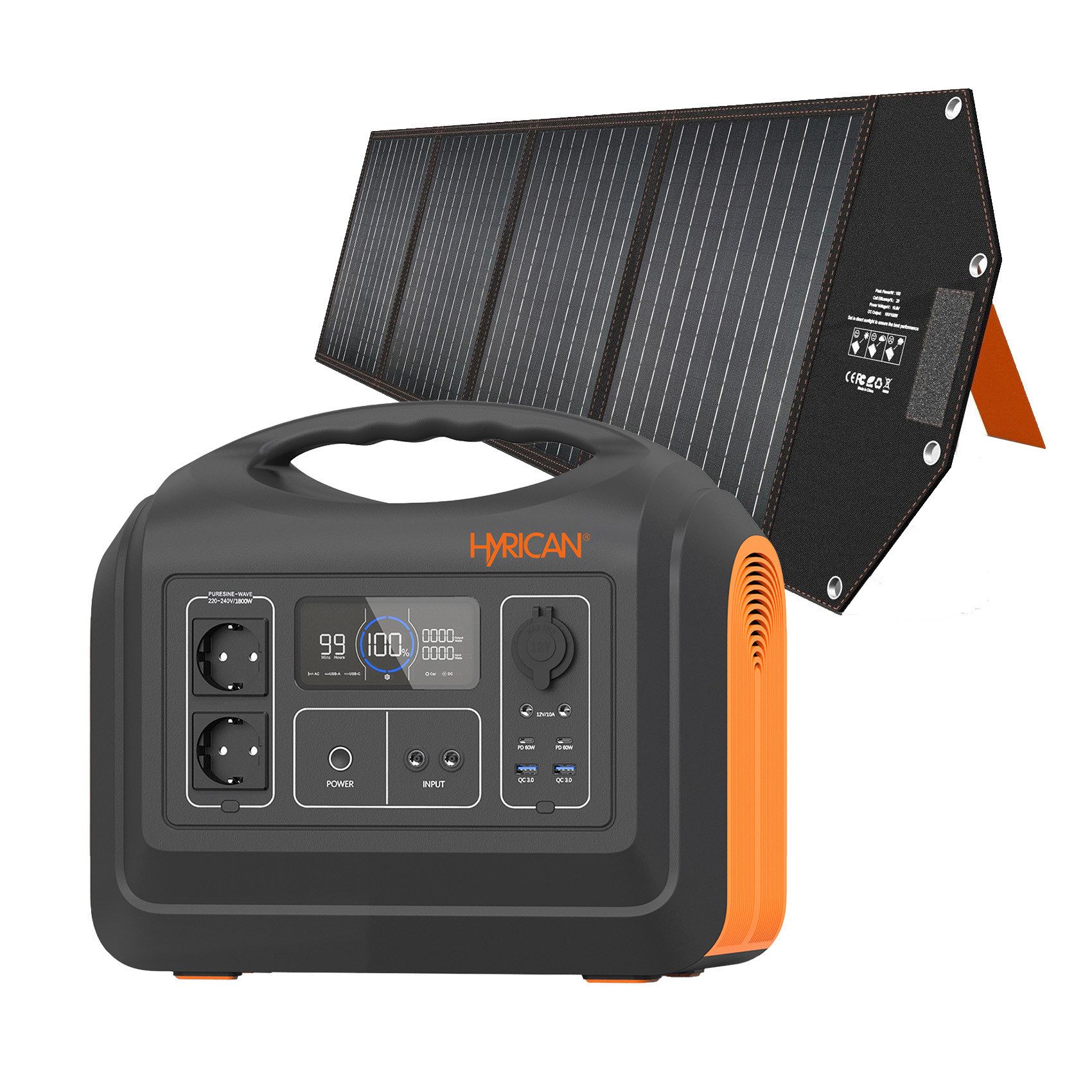 Hyrican UPP-1800, 1800 Watt, 1488 Wh, LiFePO4, tragbarer Akku/Batterie Powerstation + 200 Watt faltbares Solarpanel, für Camping, Garten, Reisen 465000 mAh, mobiles Ladezentrum für Not-& Stromversorgung