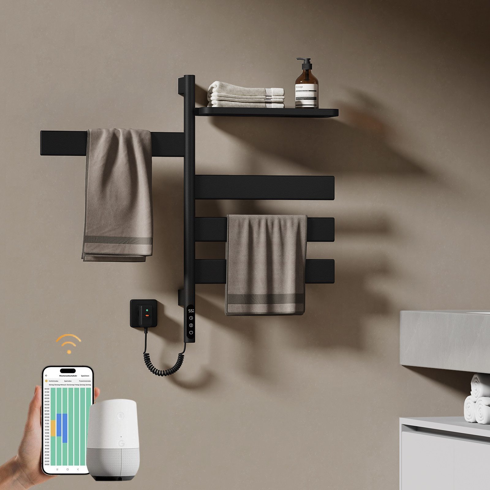 EMKE Elektrischer Badheizkörper Handtuchheizkörper, 180° drehbar, mit WLAN-, App- und Sprachsteuerung, Timer 1–24 h, 30–70 °C, IP45, FI-Schutzstecker, 76,9 × 45 cm, 120 W