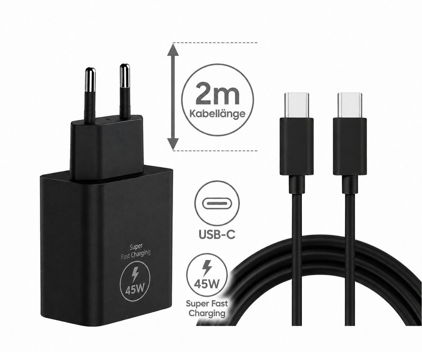 Ventarent 45W USB-C Ladegerät mit 2m Kabel für Samsung Galaxy S26 S25 S24 S23 USB-Ladegerät (3000 mA, Set, 2-tlg., Samsung Z Fold, Z Flip, Galaxy Tab, Google Pixel Serie, Schnellladegerät, Power Delivery, Samsung Galaxy, iPhone, Google Pixel)