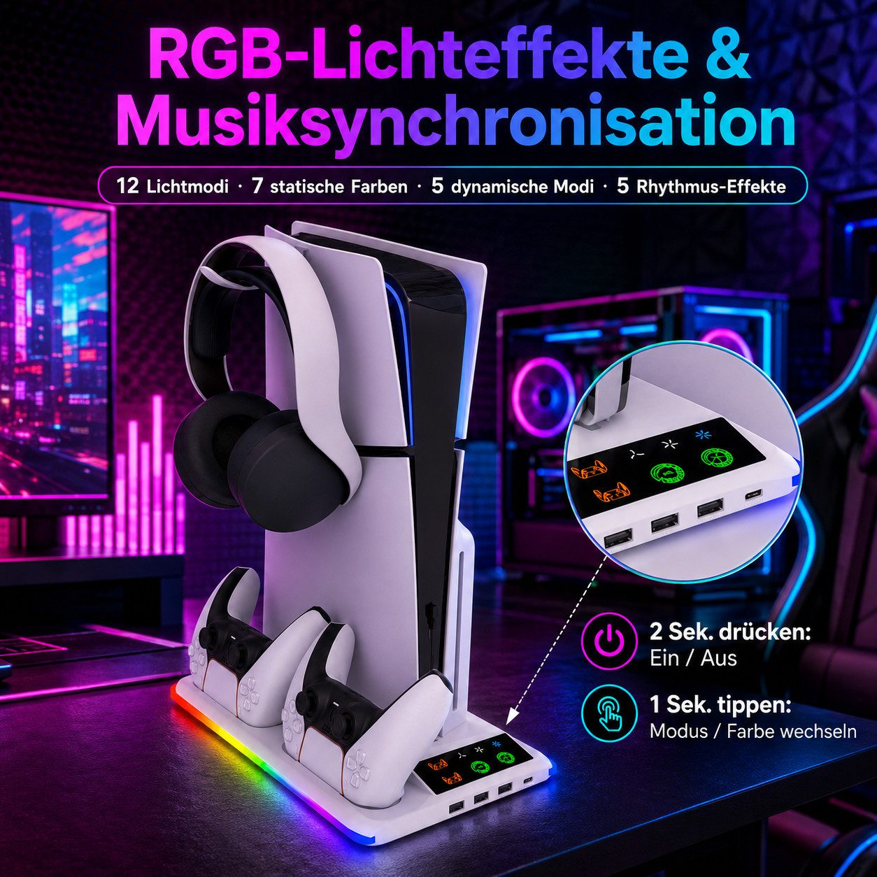 Luckice PlayStation Portal Ladegerät mit Headset- und Fernbedienungshalter Nintendo-Controller (Spar-Set, 1 St., PS5 Controller-Ladestation mit 3 USB-Hubs & RGB – Bild 5 von 5