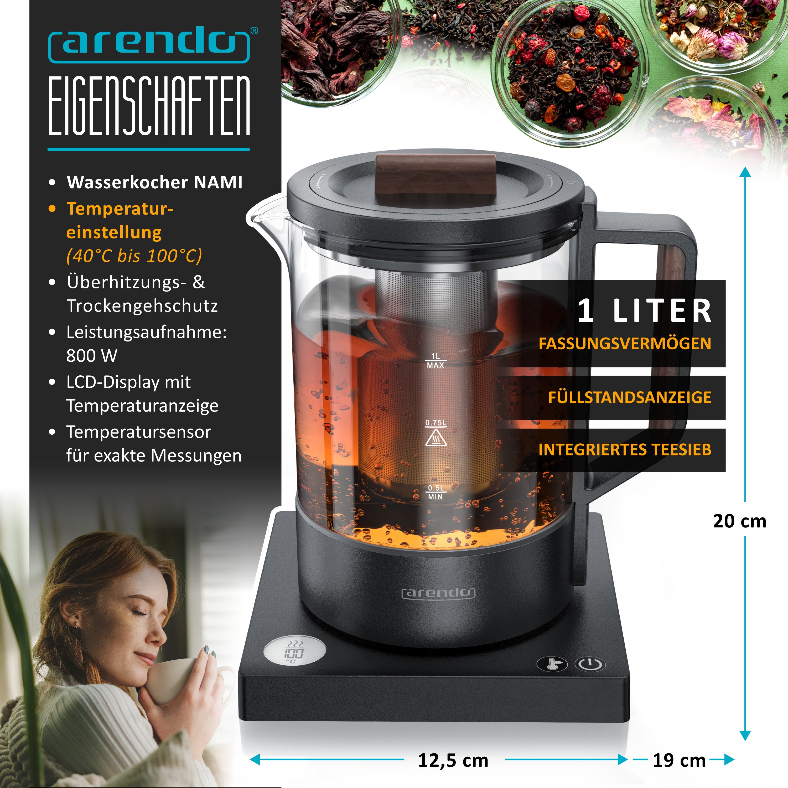 Arendo Wasserkocher Glas, Edelstahl Teesieb, Temperatureinstellung 40°–100°C mit Anzeige, 1 l, 800 W, präzise Temperaturmessung, in 5‑°C‑Schritten einstellbar, BPA-frei