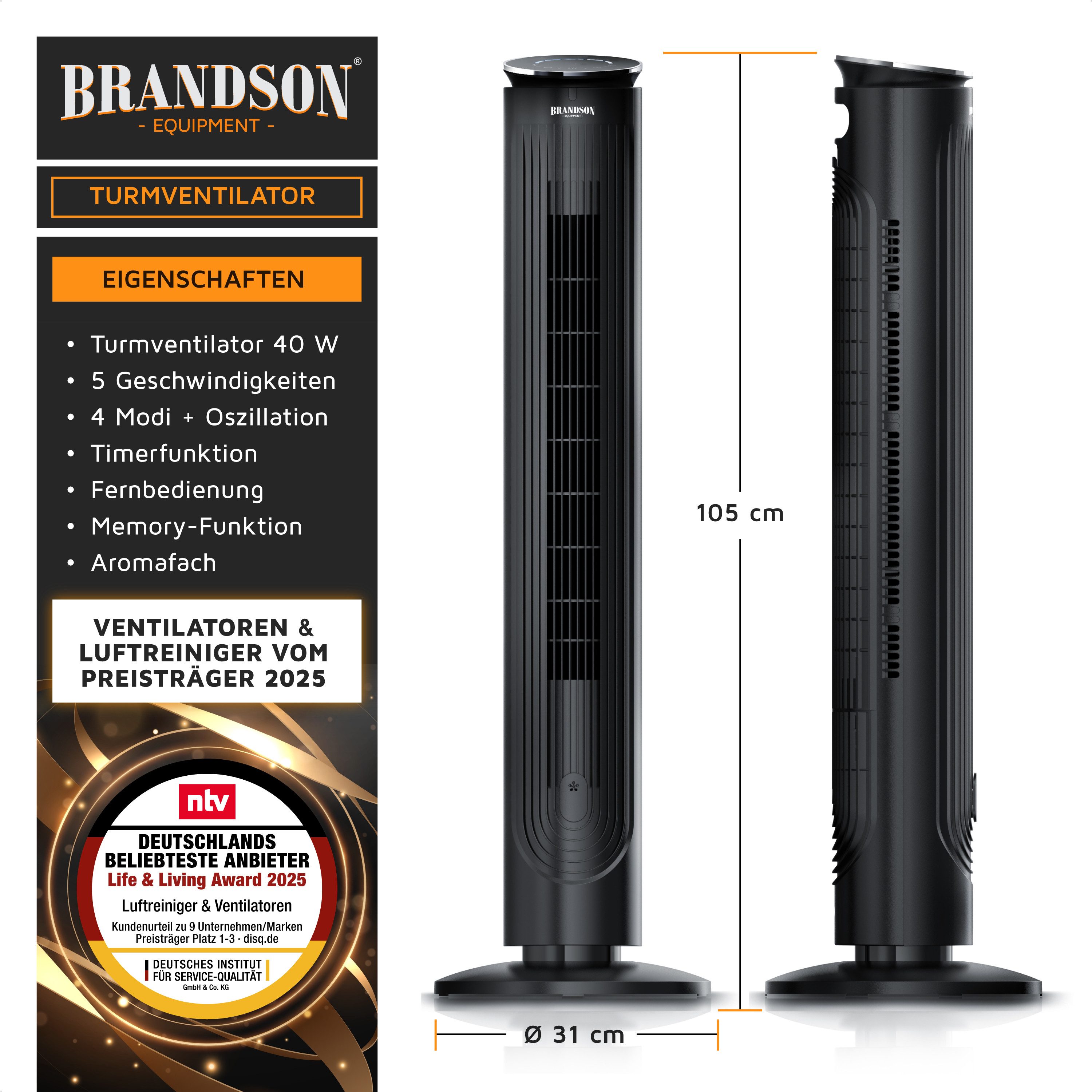 Brandson Turmventilator mit Fernbedienung, dank Aromafach günstig online kaufen