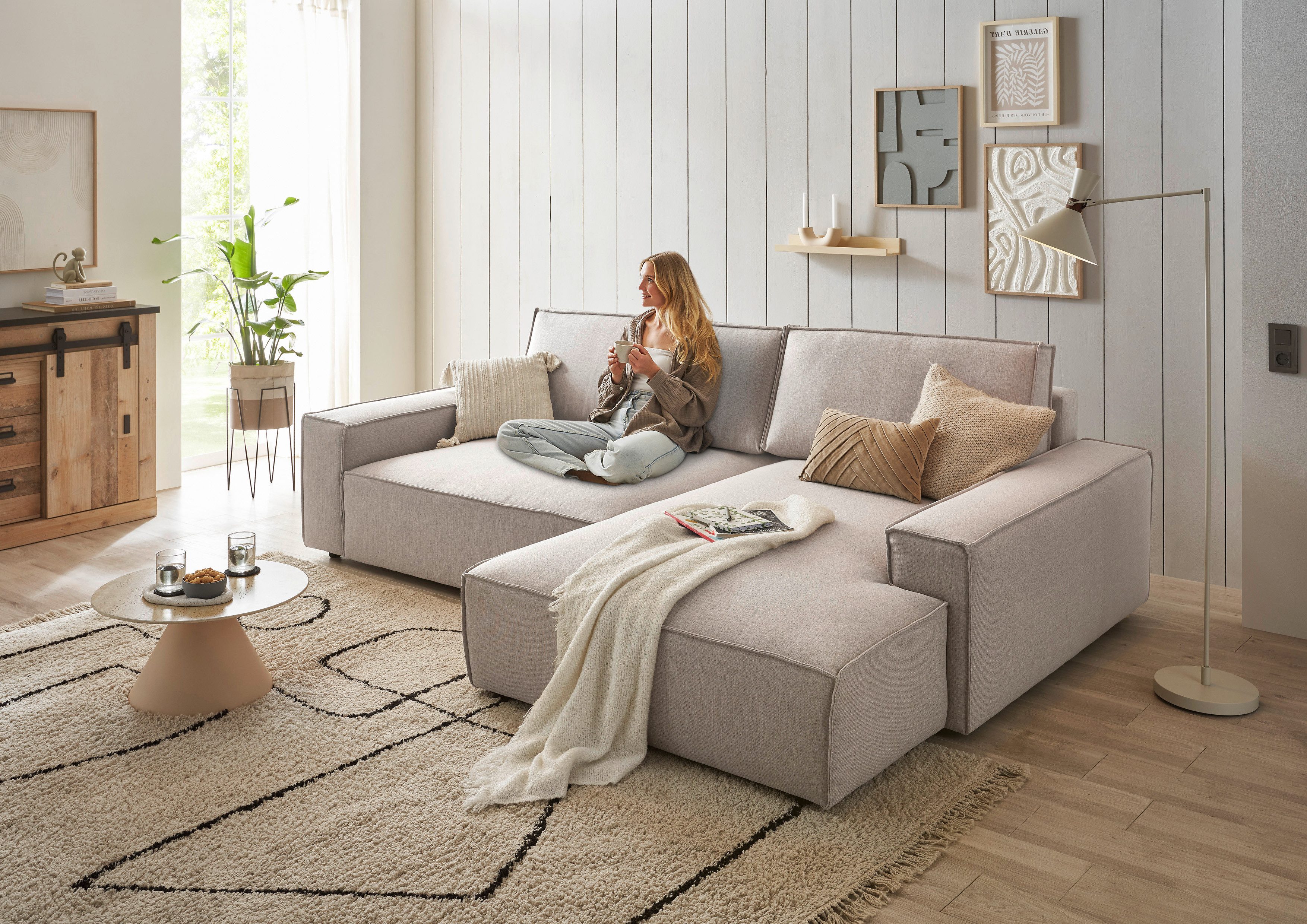 OTTO home Ecksofa SHERWOOD XXL Leinenoptik 284, Big-Sofa L-Form, tiefe Sitzfläche 95 cm, Recamiere rechts/links, als Schlafsofa stellbar, Cord u. Leinenoptik