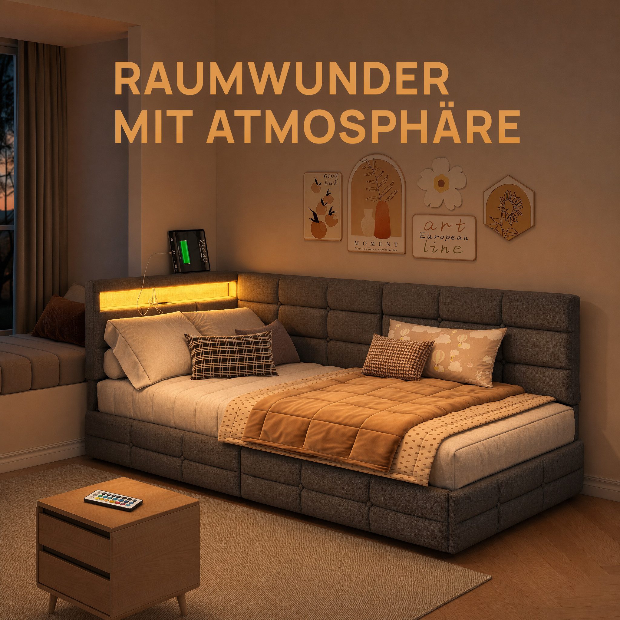 Simurq Daybed Modernes Tagesbett 90x200 cm, Polsterbett in Leinenoptik, Jugendbett, Holzlattenrost, mit Schubladen, mit USB Port+LED, Gästebett
