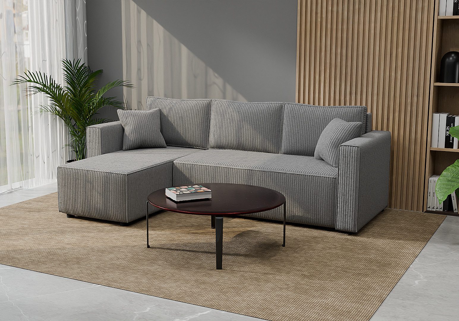 Goldstoff Ecksofa mit Schlaffunktion & Bettkasten, – modernes Sofa klein, Eckcouch, Cordstoff / Cordbezug