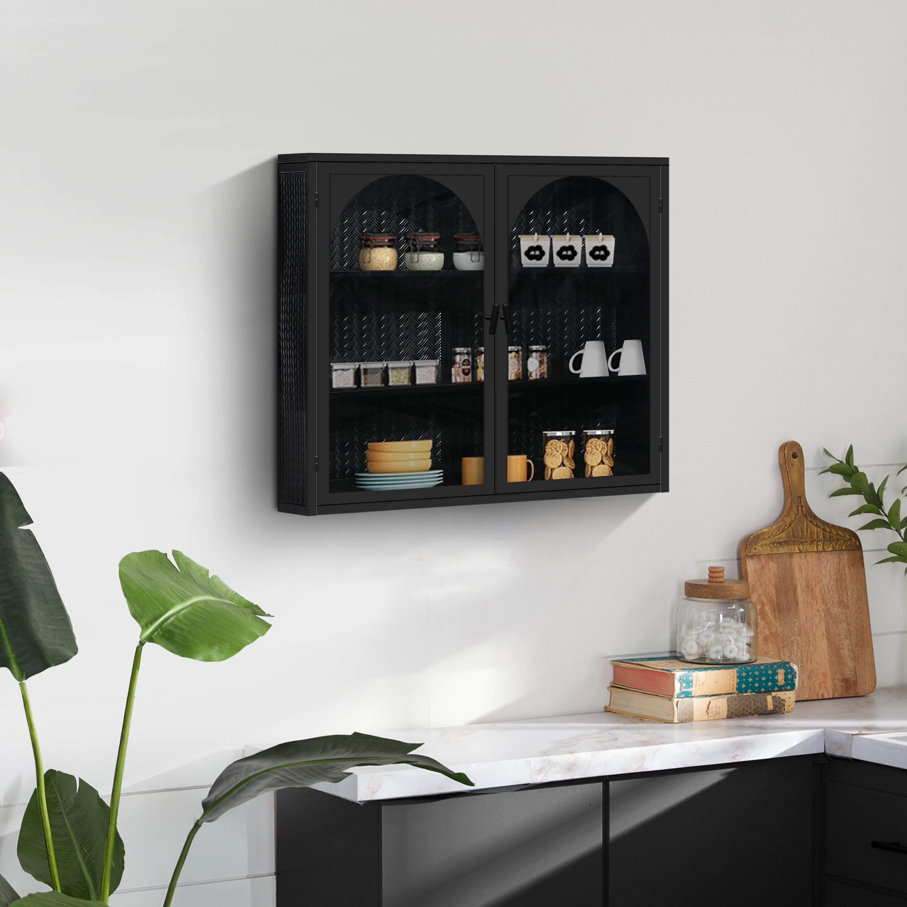 Celya Wandhängeschrank Glas-Wandregal,Hängeschrank küche, Schwarz, Zweitüri günstig online kaufen