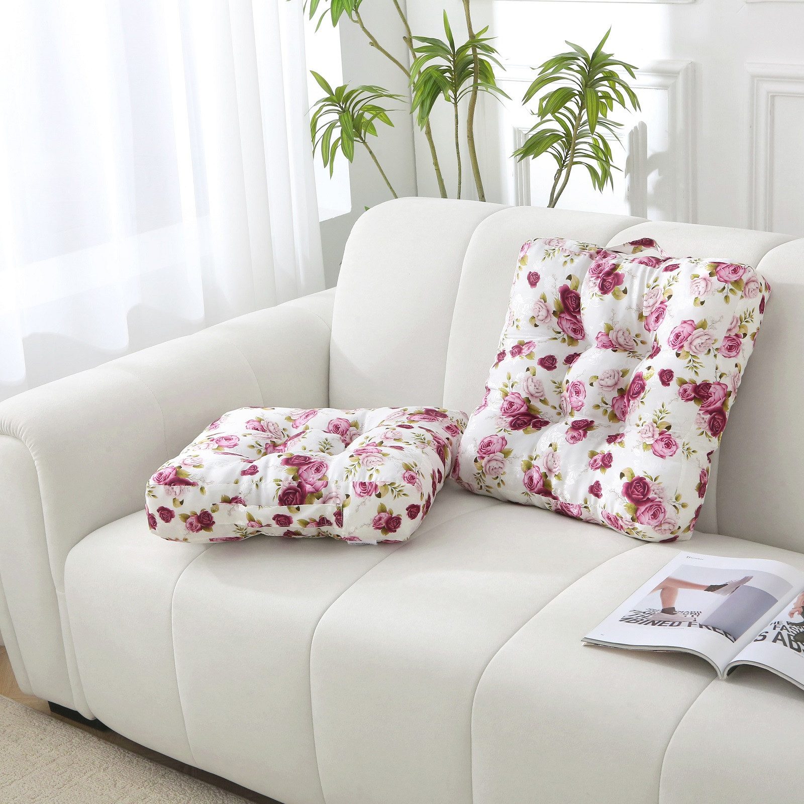 wometo Stuhlkissen Matratzenkissen Rosi 40x40 8cm dicke Polsterung, OEKO-TEX® Bodenkissen mit Rosen-Motiv und Tragegriff, Landhaus-Stil