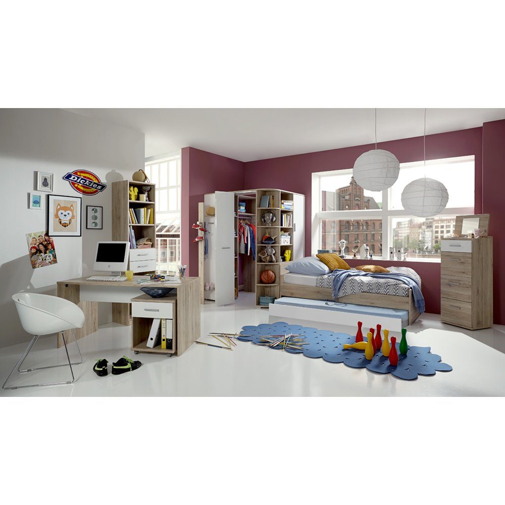 Lomadox Jugendzimmer-Set JOHANNESBURG-43, (Sparset, 8-tlg), San Remo Eiche Nb. und weiß, begehbarer beleuchteter Eckkleiderschrank