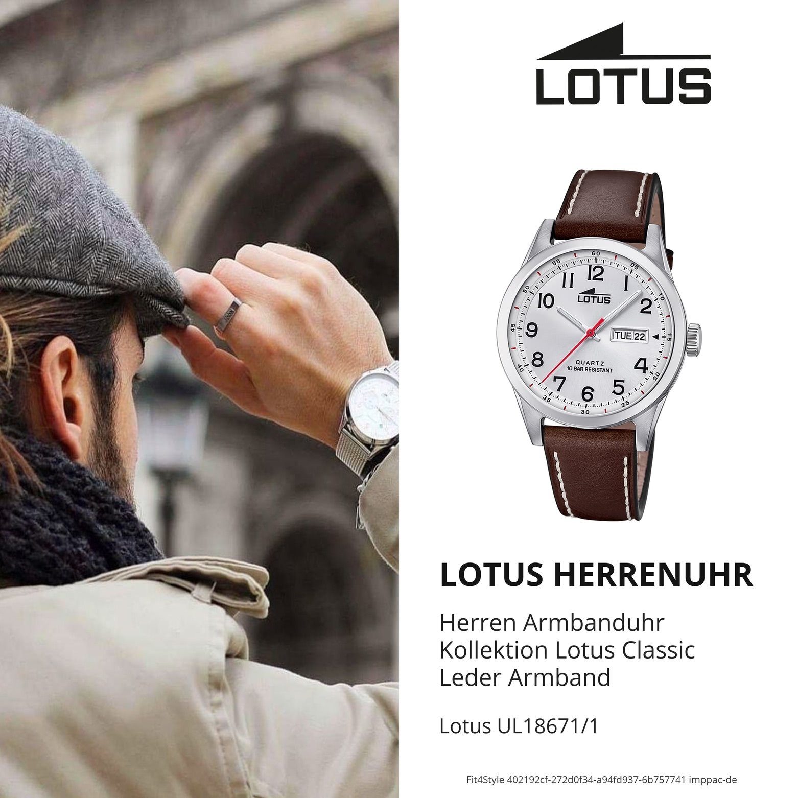 Herren groß LOTUS Elegant 18671/1 Lotus rund, 42mm), Leder, Armbanduhr Quarzuhr braun Uhr Herren Lederarmband (ca.