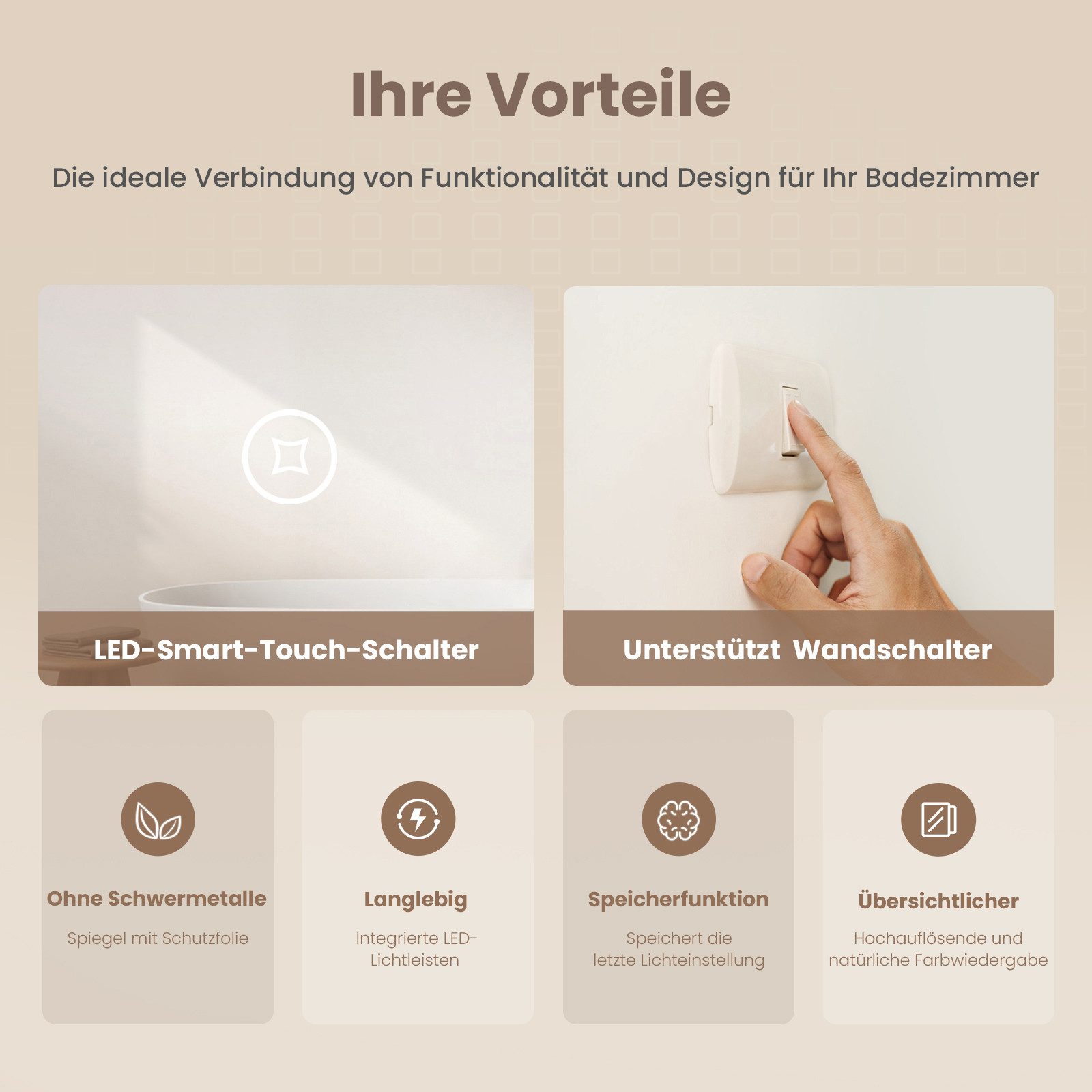 EMKE Badspiegel LED Badezimmerspiegel mit Beleuchtung Schminkspiegel 3-fach (Breite: 80~100cm, Touchschalter), 6500 K Kaltweiß, Antibeschlag, Digitaluhr, Touch, – Bild 3 von 5